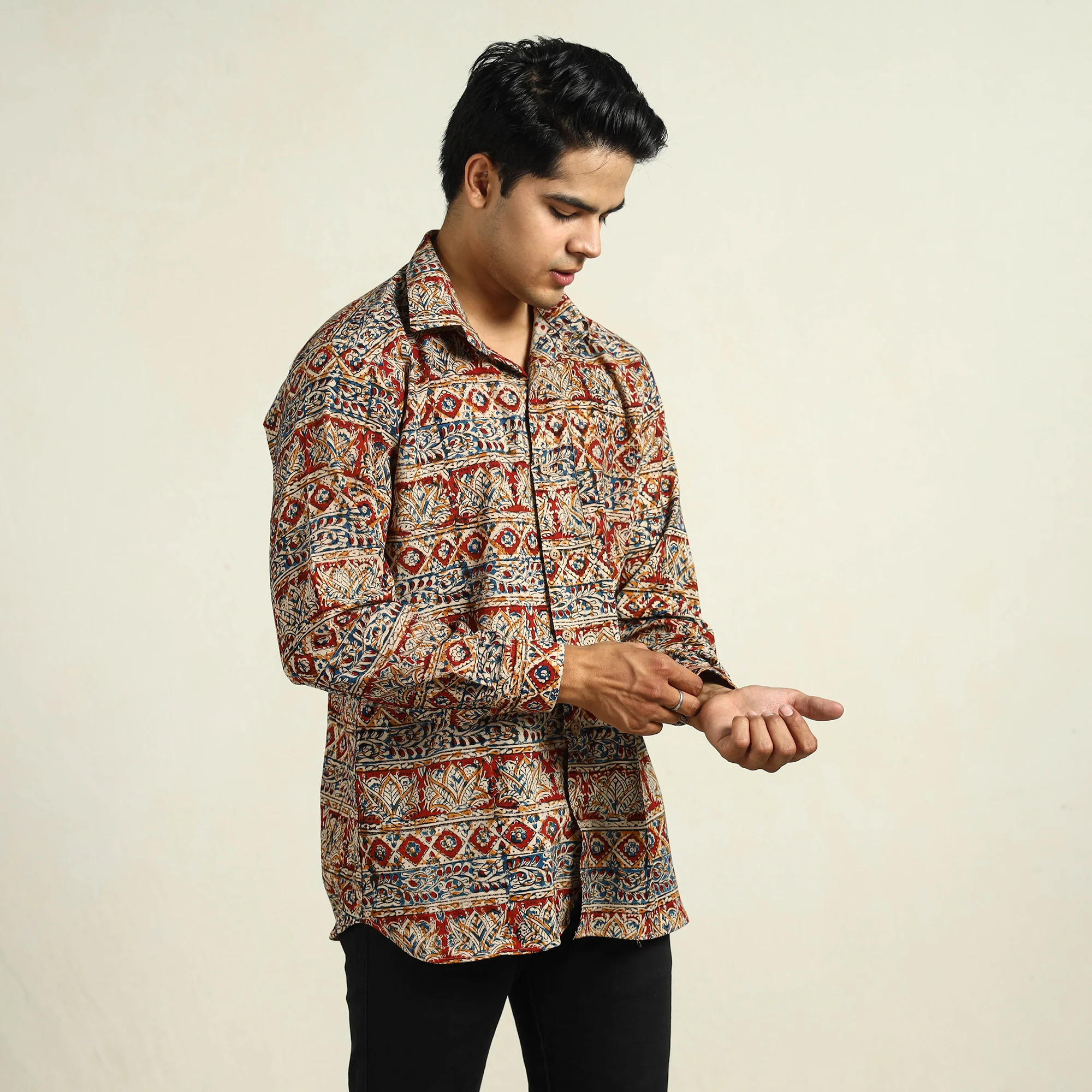Multicolor - Kalamkari Block Printed Cotton Men Full Sleeve Shirt 10 - Image 3