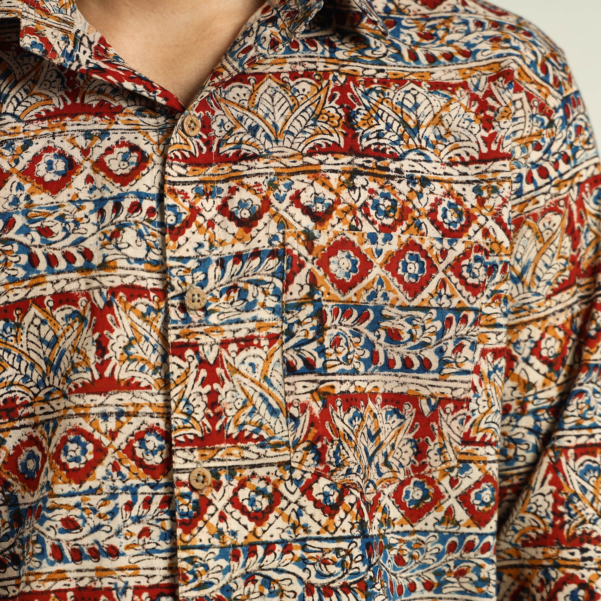 Multicolor - Kalamkari Block Printed Cotton Men Full Sleeve Shirt 10 - Image 5