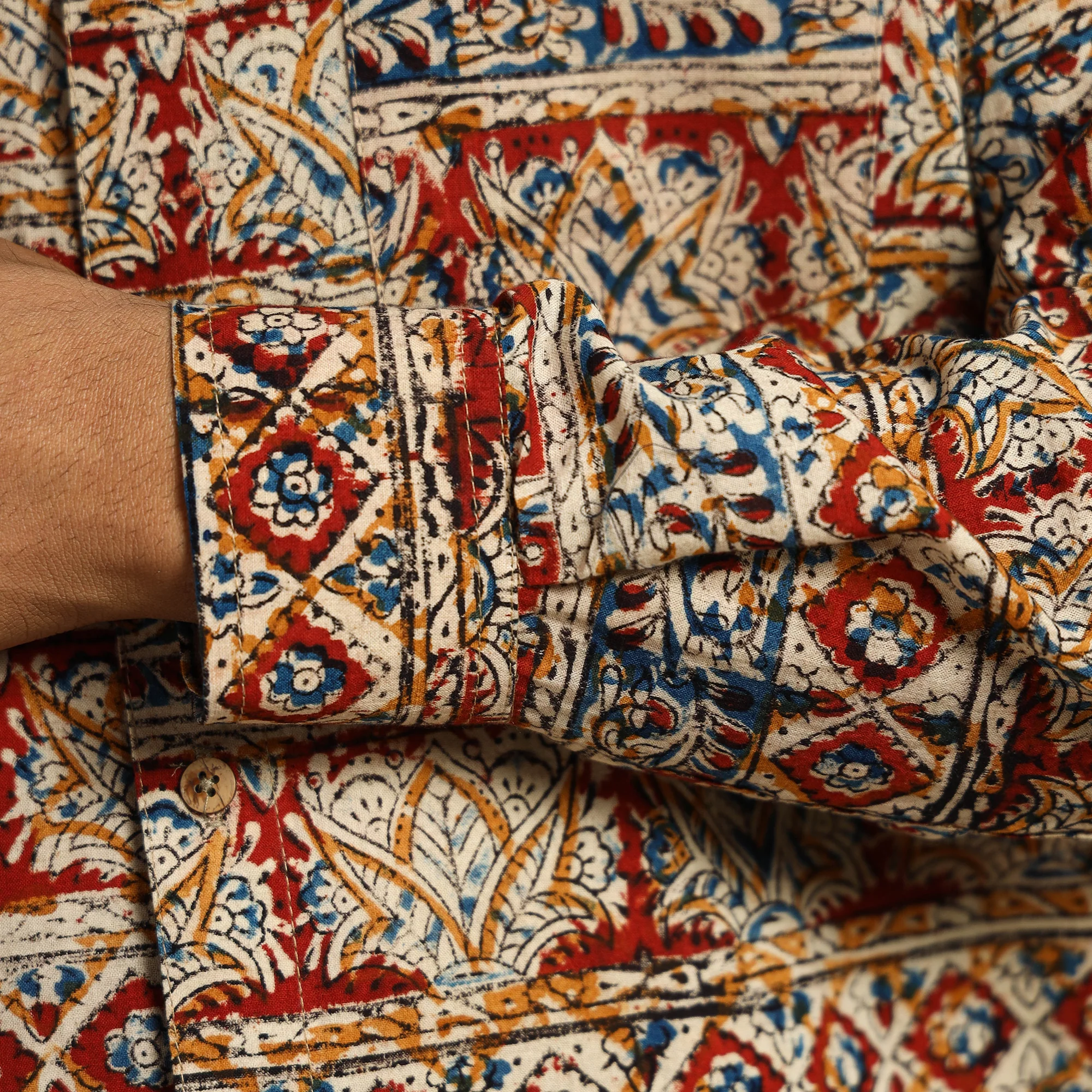 Multicolor - Kalamkari Block Printed Cotton Men Full Sleeve Shirt 10 - Image 6