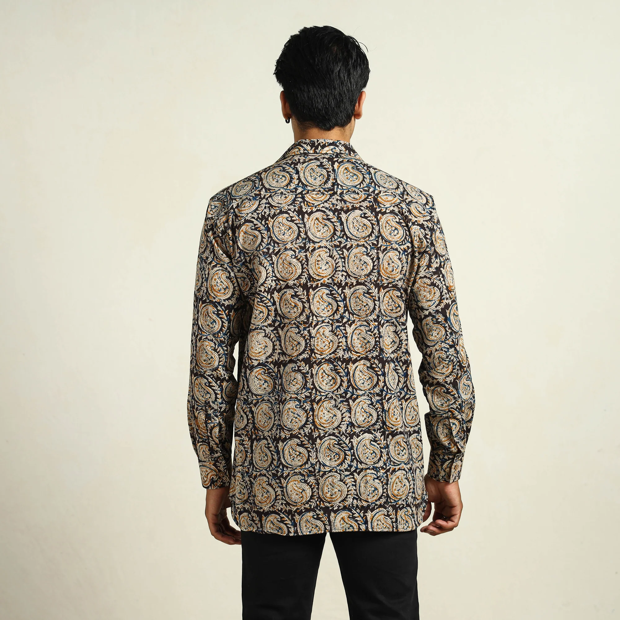 Black - Kalamkari Block Printed Cotton Men Full Sleeve Shirt 11 - Image 3