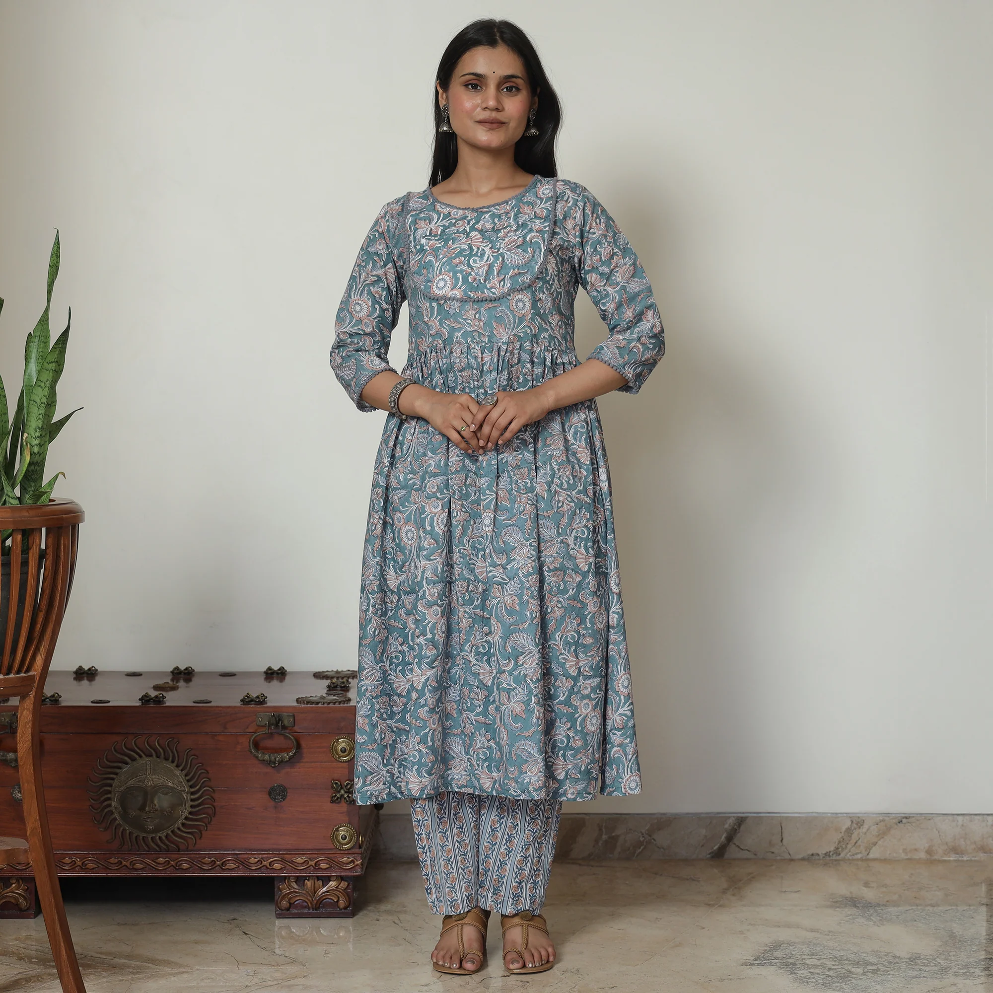 Blue - Sanganeri Block Printed Cotton Kali Kurta with Palazzo Set 01 - Image 2