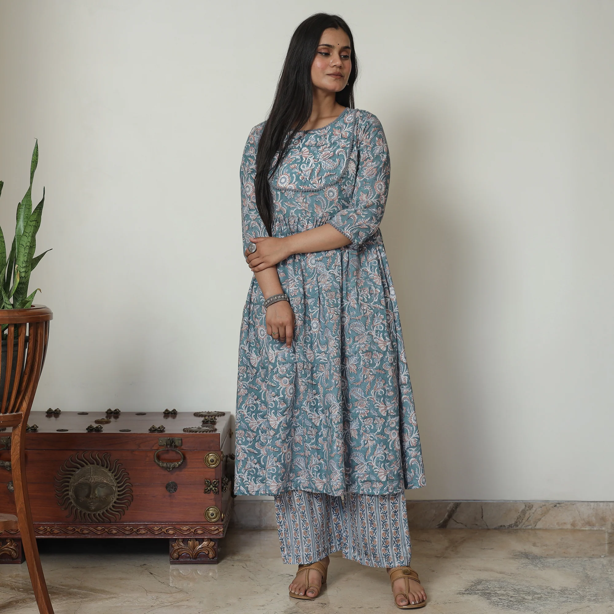 Blue - Sanganeri Block Printed Cotton Kali Kurta with Palazzo Set 01 - Image 3