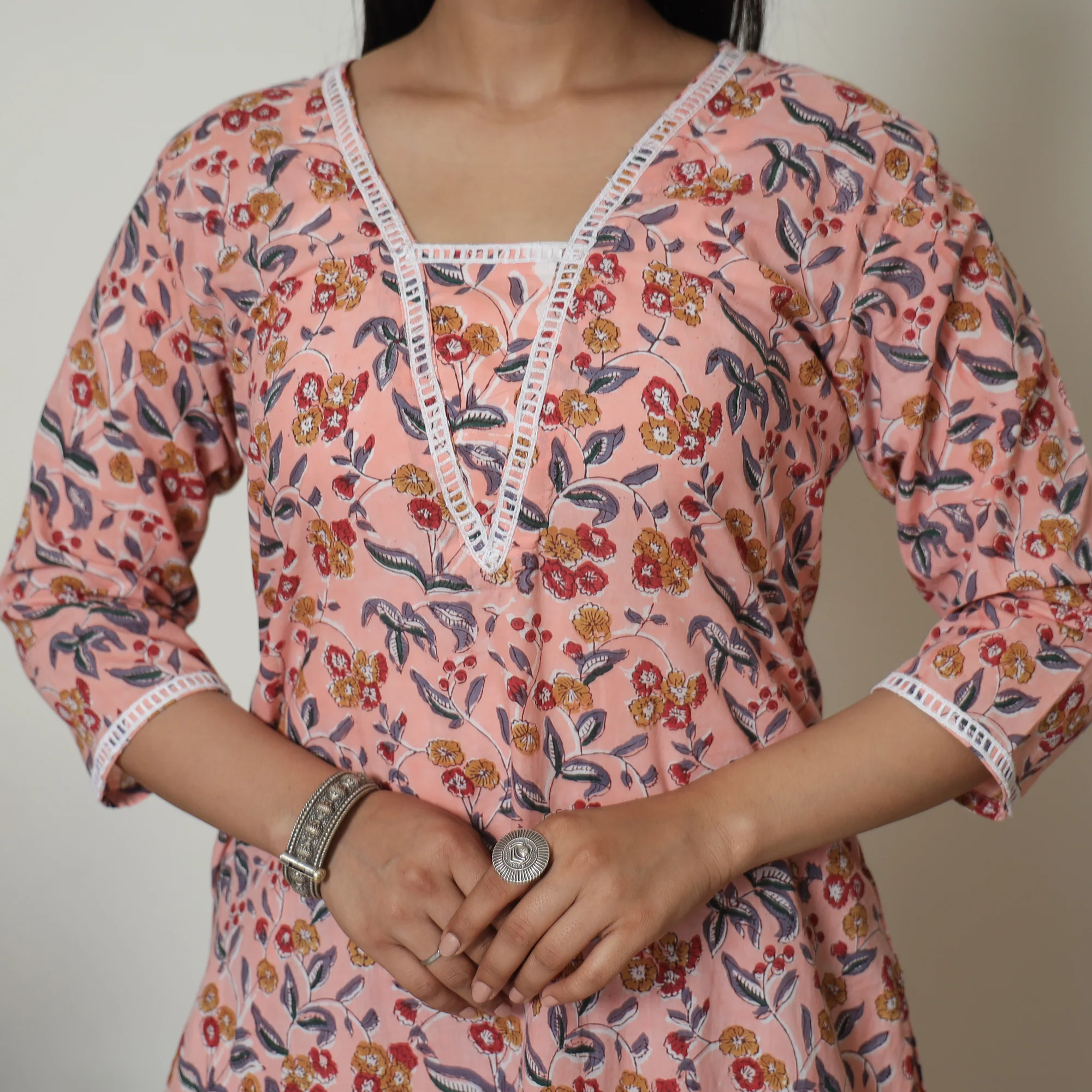 Peach - Sanganeri Block Printed Cotton Kurta with Palazzo Set 02 - Image 4