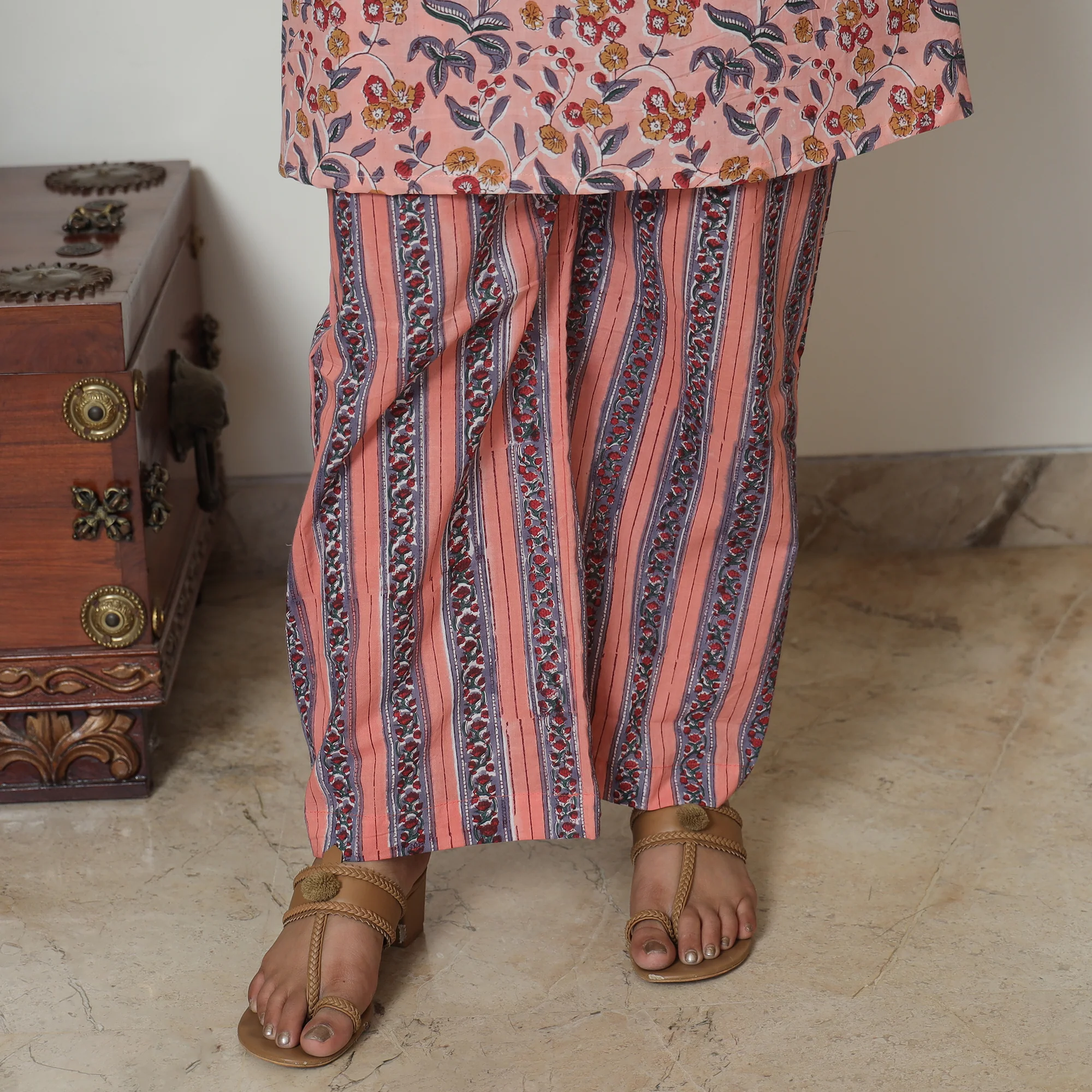 Peach - Sanganeri Block Printed Cotton Kurta with Palazzo Set 02 - Image 5