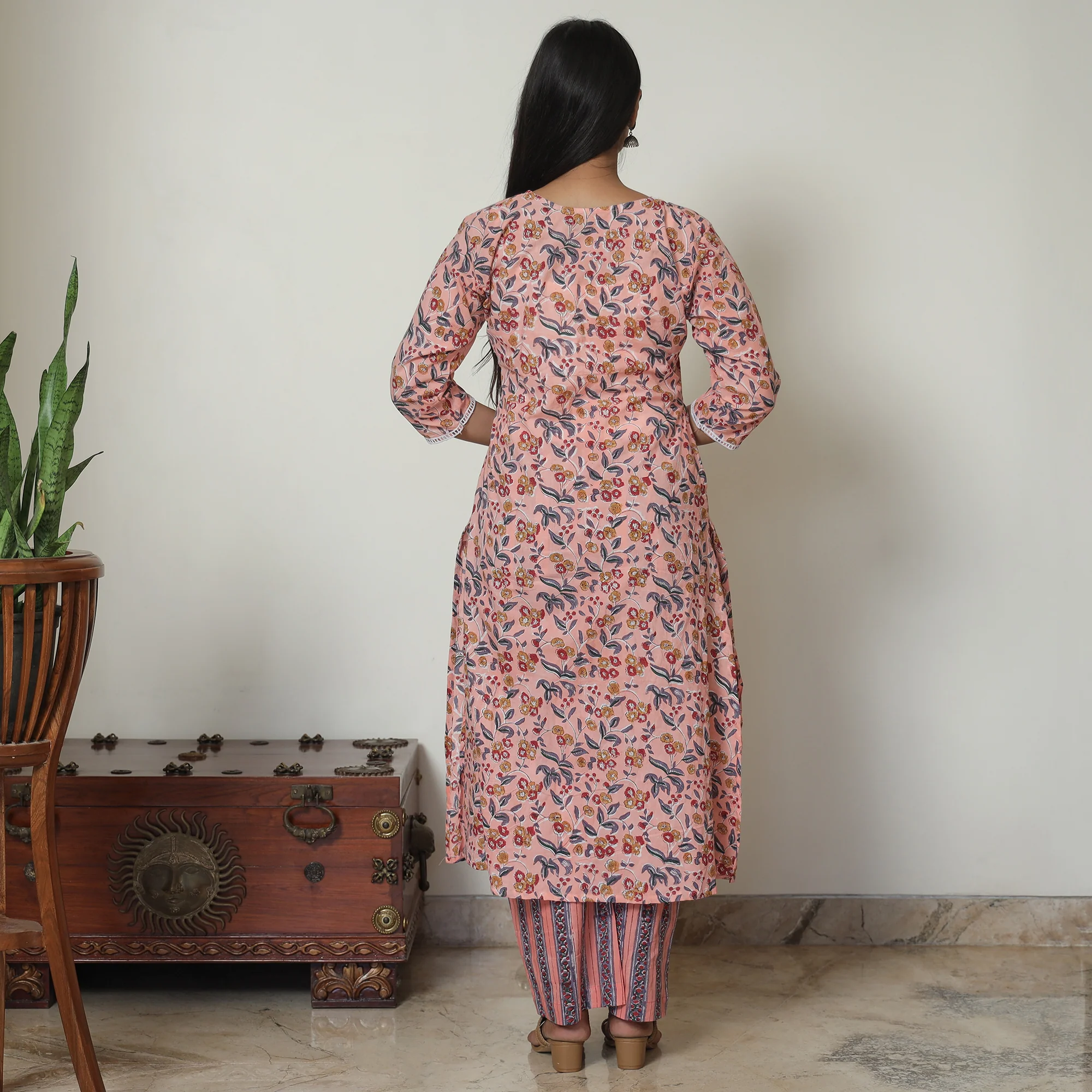 Peach - Sanganeri Block Printed Cotton Kurta with Palazzo Set 02 - Image 6