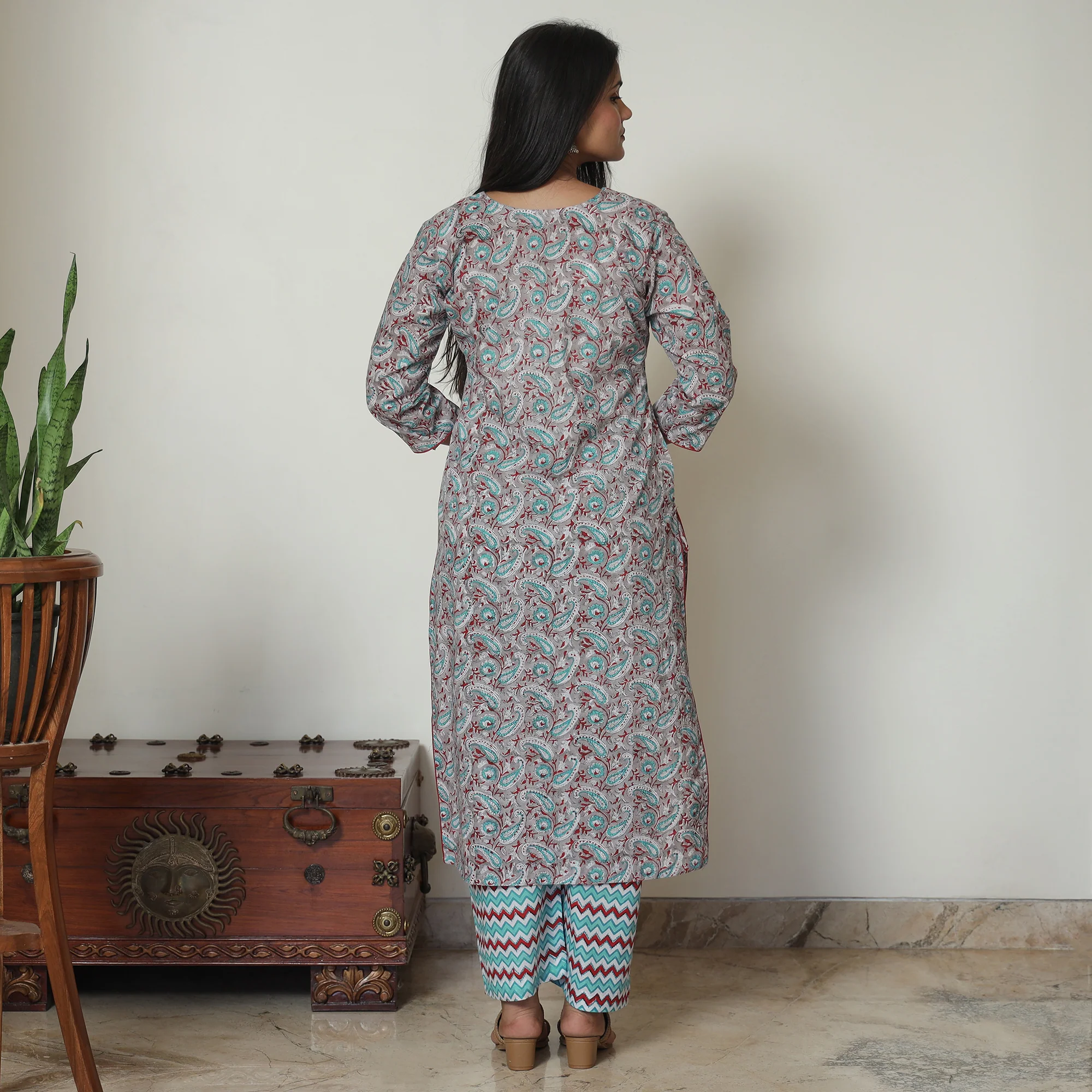 Grey - Sanganeri Block Printed Cotton Kurta with Palazzo Set 04 - Image 6
