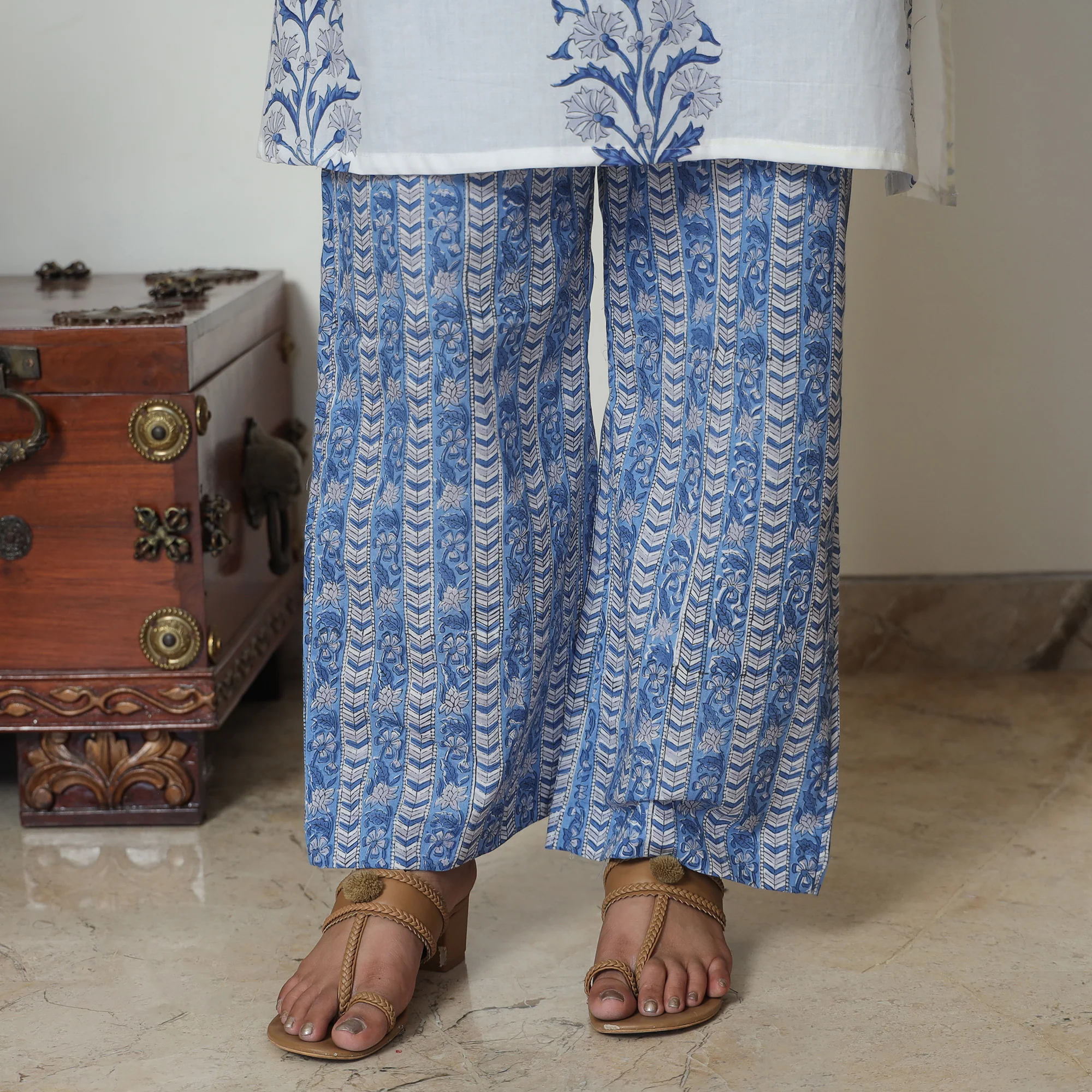 White - Sanganeri Block Printed Cotton Kurta with Palazzo Set 07 - Image 6