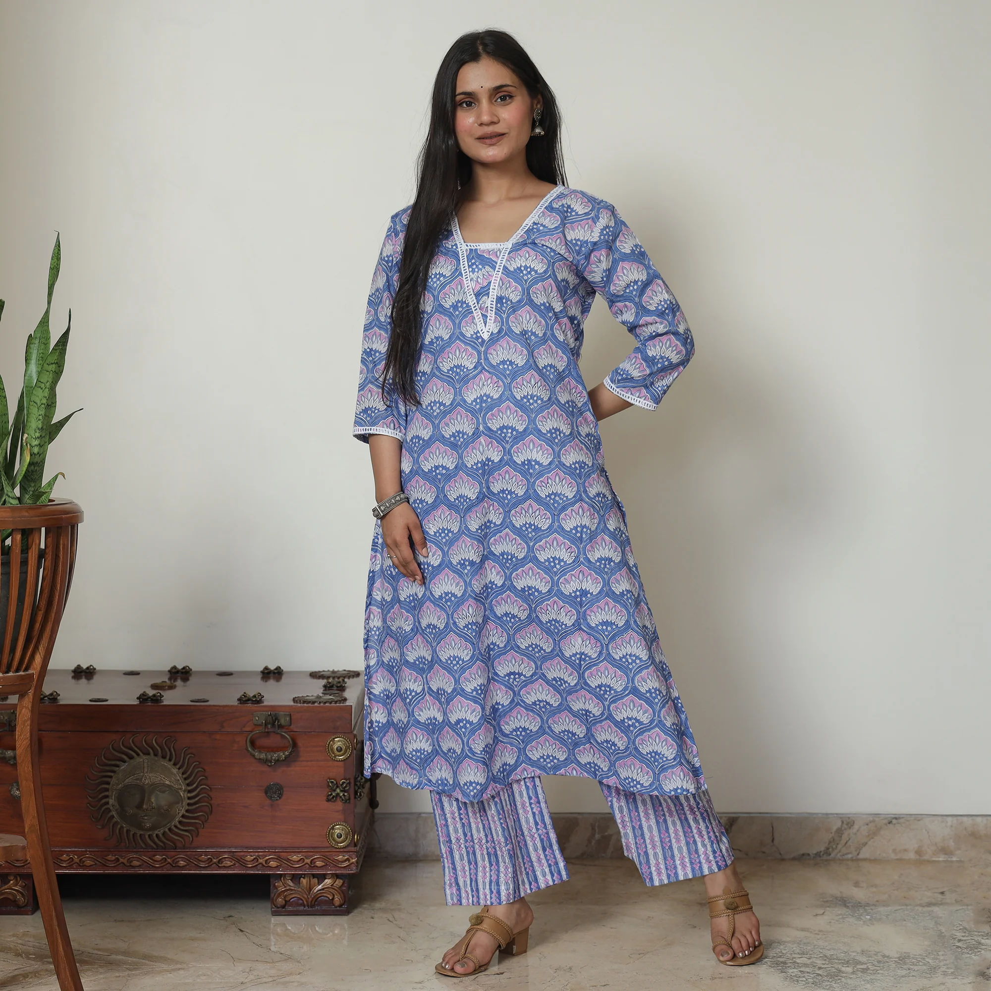 Blue - Sanganeri Block Printed Cotton Kurta with Palazzo Set 08