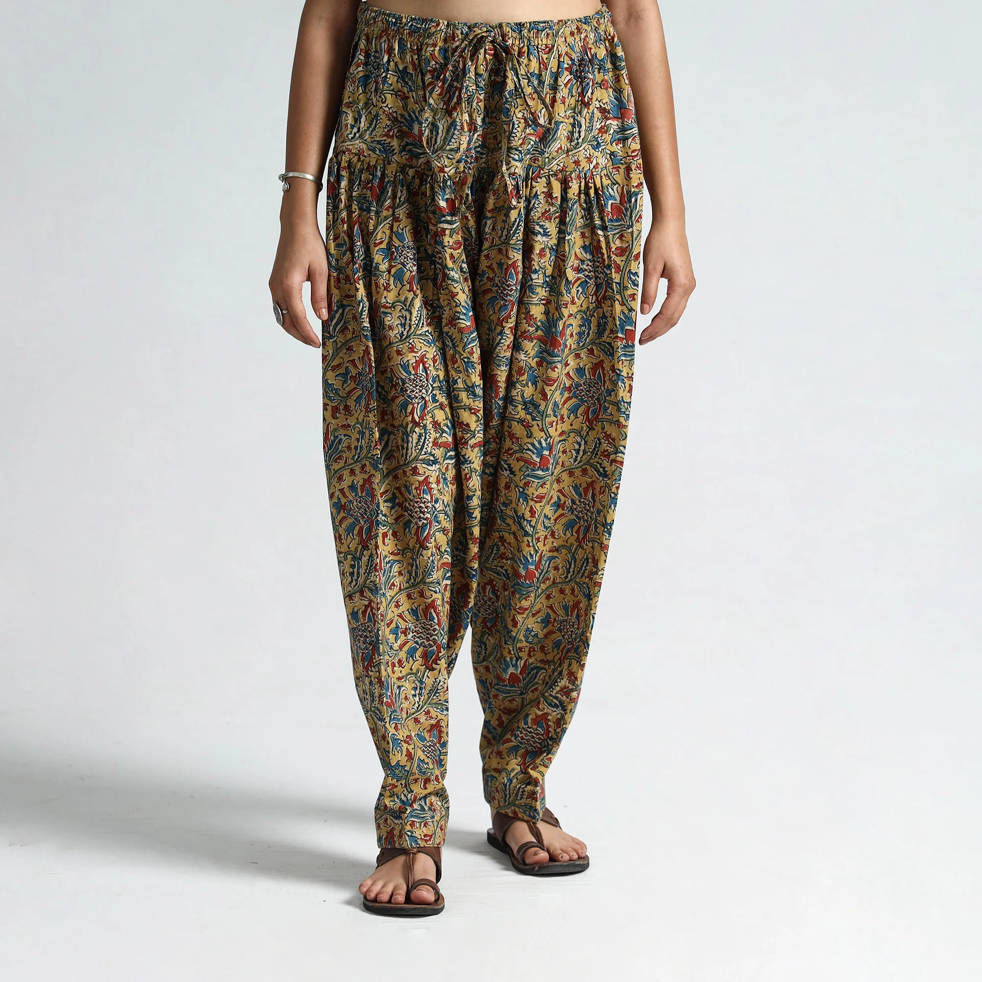 Yellow - Kalamkari Block Printed Cotton Elasticated Salwar 16 - Image 2