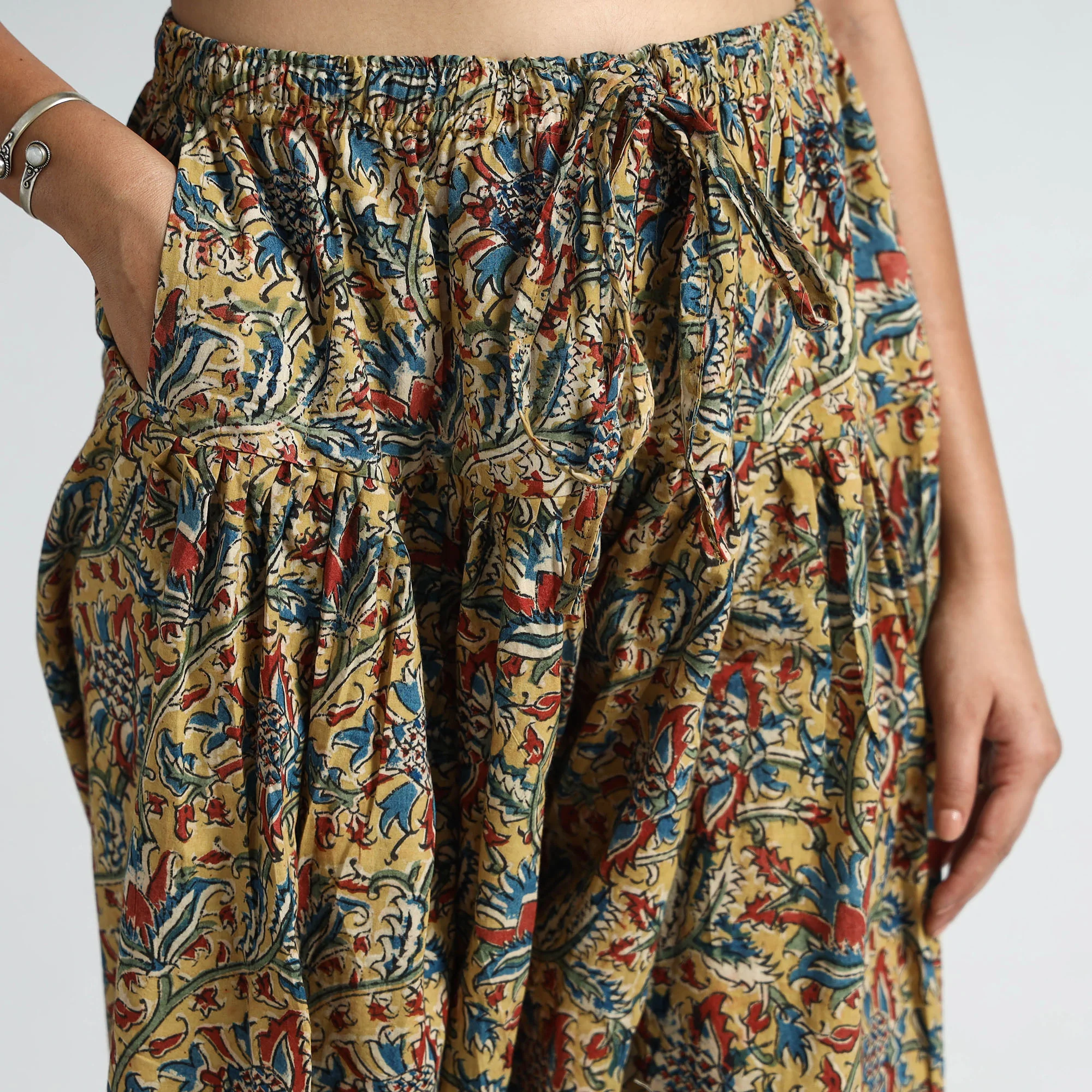 Yellow - Kalamkari Block Printed Cotton Elasticated Salwar 16 - Image 4