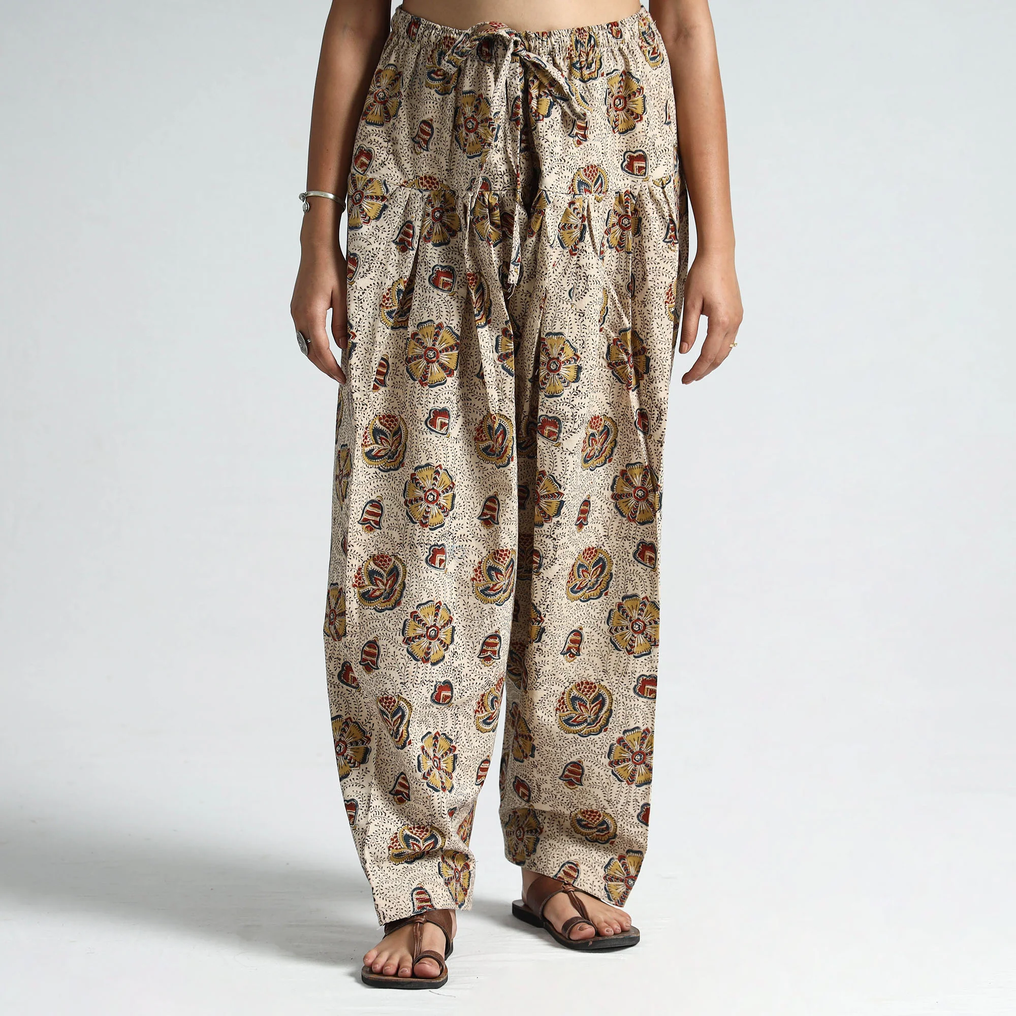Beige - Pedana Kalamkari Block Printed Cotton Elasticated Salwar 19 - Image 2