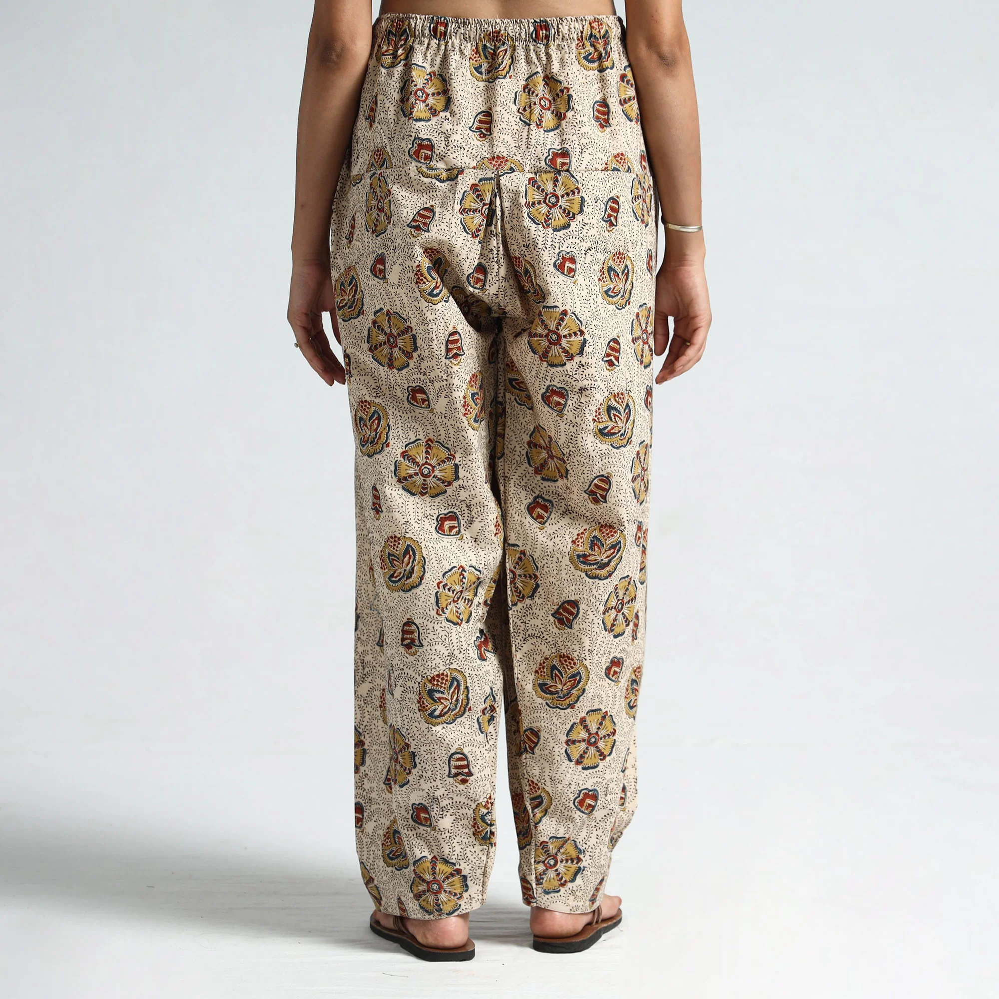 Beige - Pedana Kalamkari Block Printed Cotton Elasticated Salwar 19 - Image 3