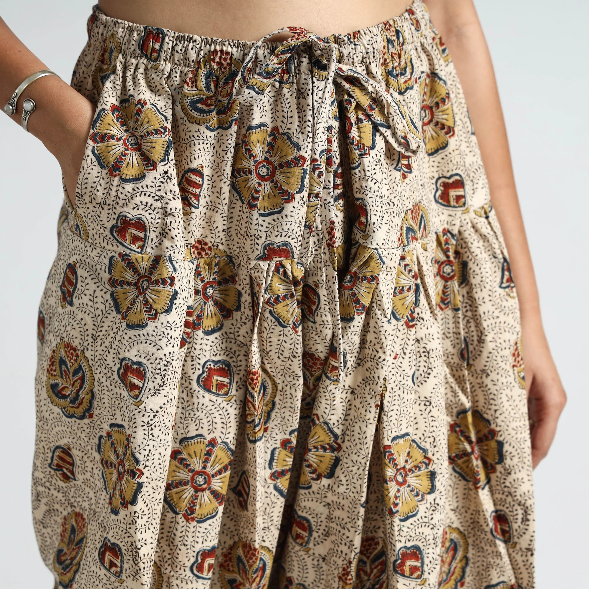 Beige - Pedana Kalamkari Block Printed Cotton Elasticated Salwar 19 - Image 4