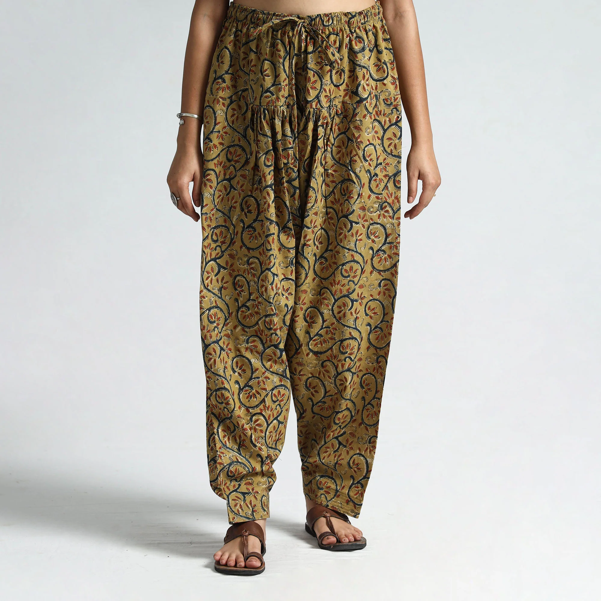 Yellow - Kalamkari Block Printed Cotton Elasticated Salwar 20 - Image 2