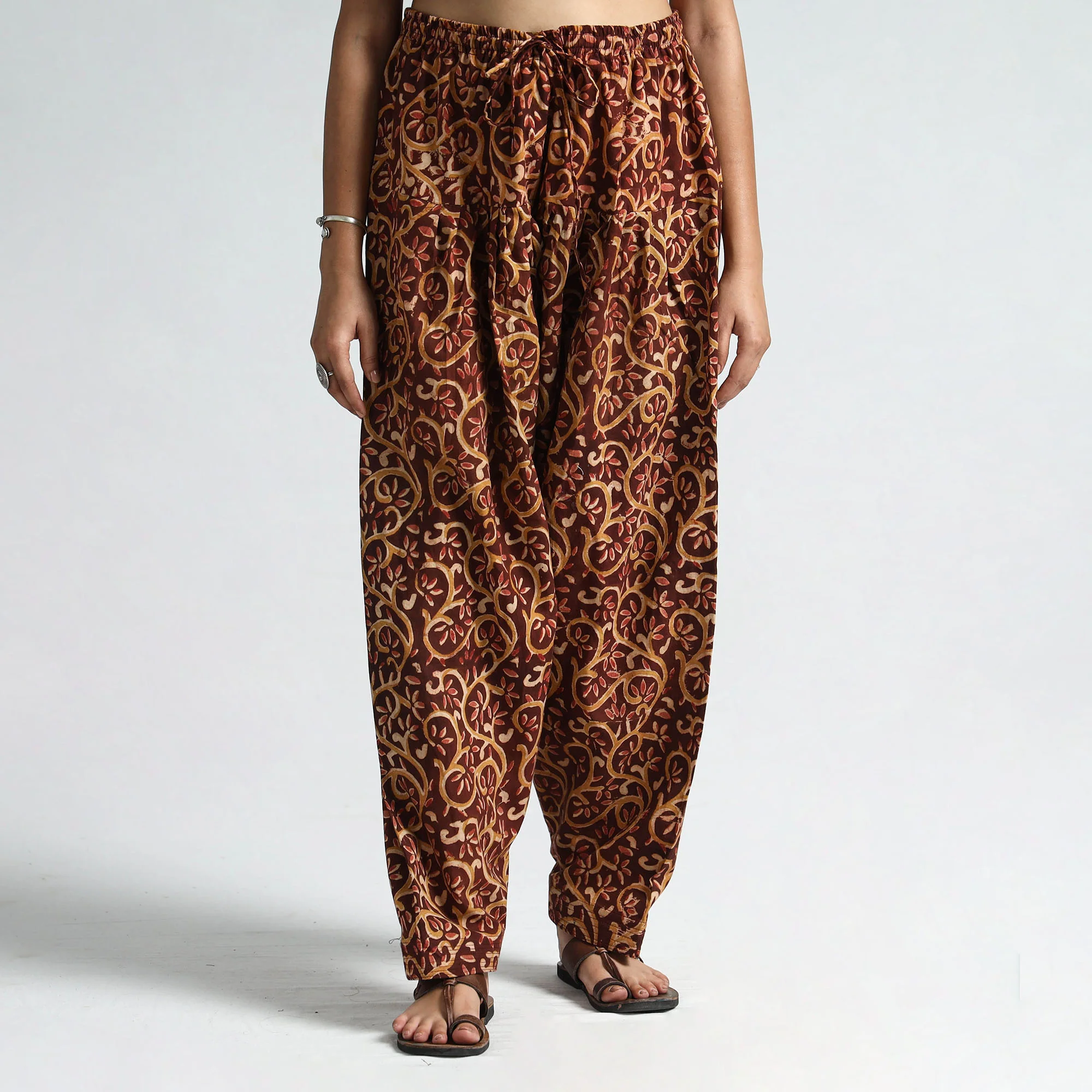 Brown - Kalamkari Block Printed Cotton Elasticated Salwar 22 - Image 2