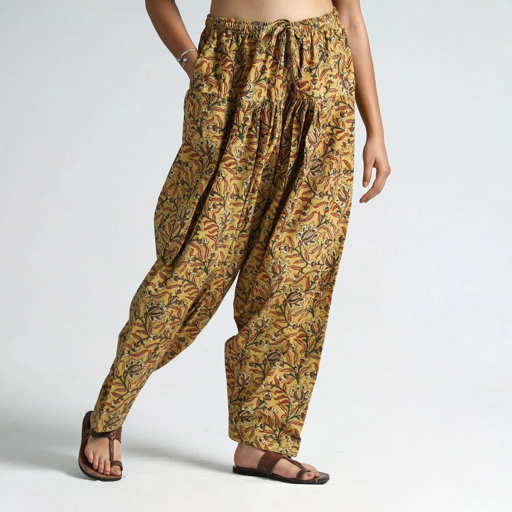 Yellow - Pedana Kalamkari Block Printed Cotton Elasticated Salwar 24