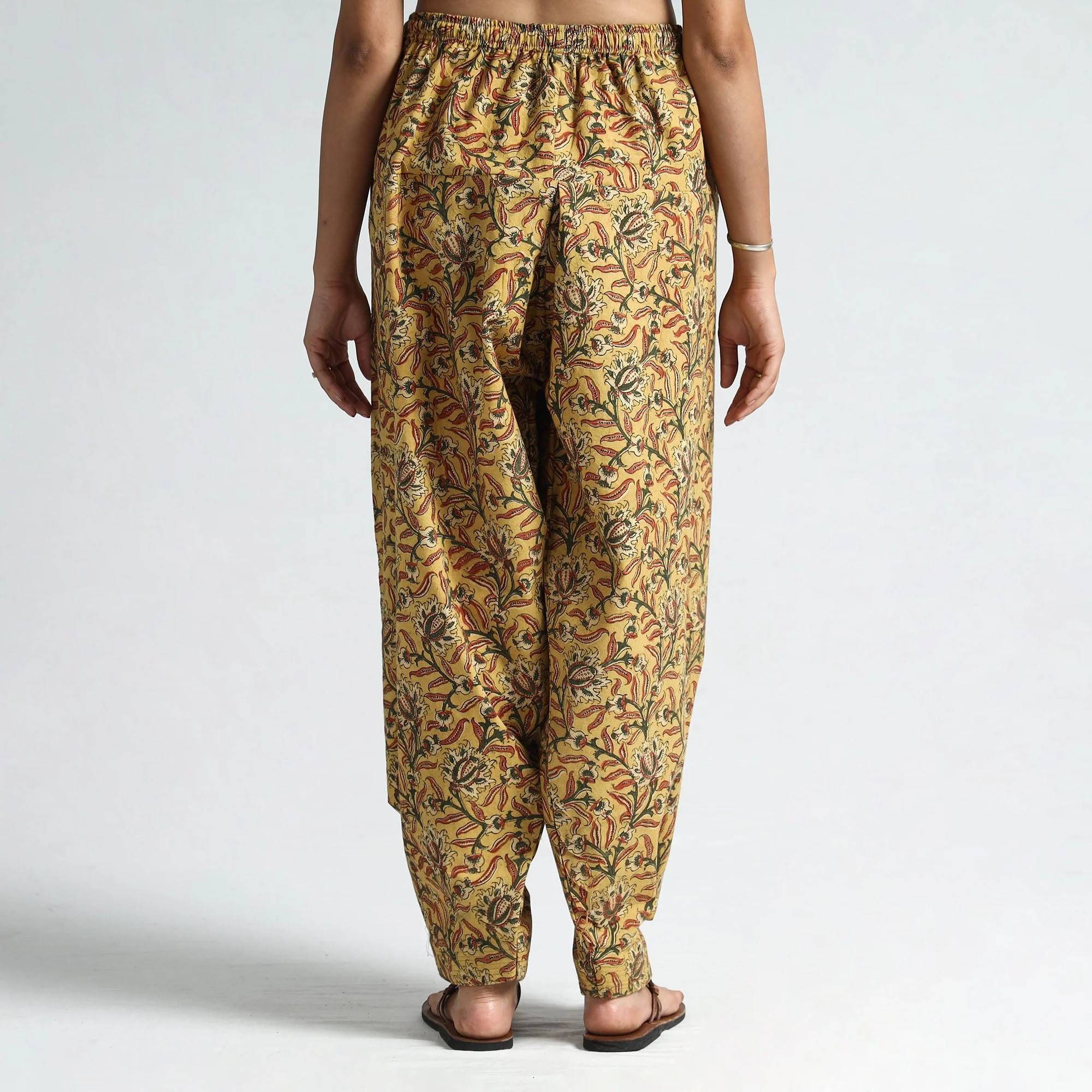 Yellow - Pedana Kalamkari Block Printed Cotton Elasticated Salwar 24 - Image 3