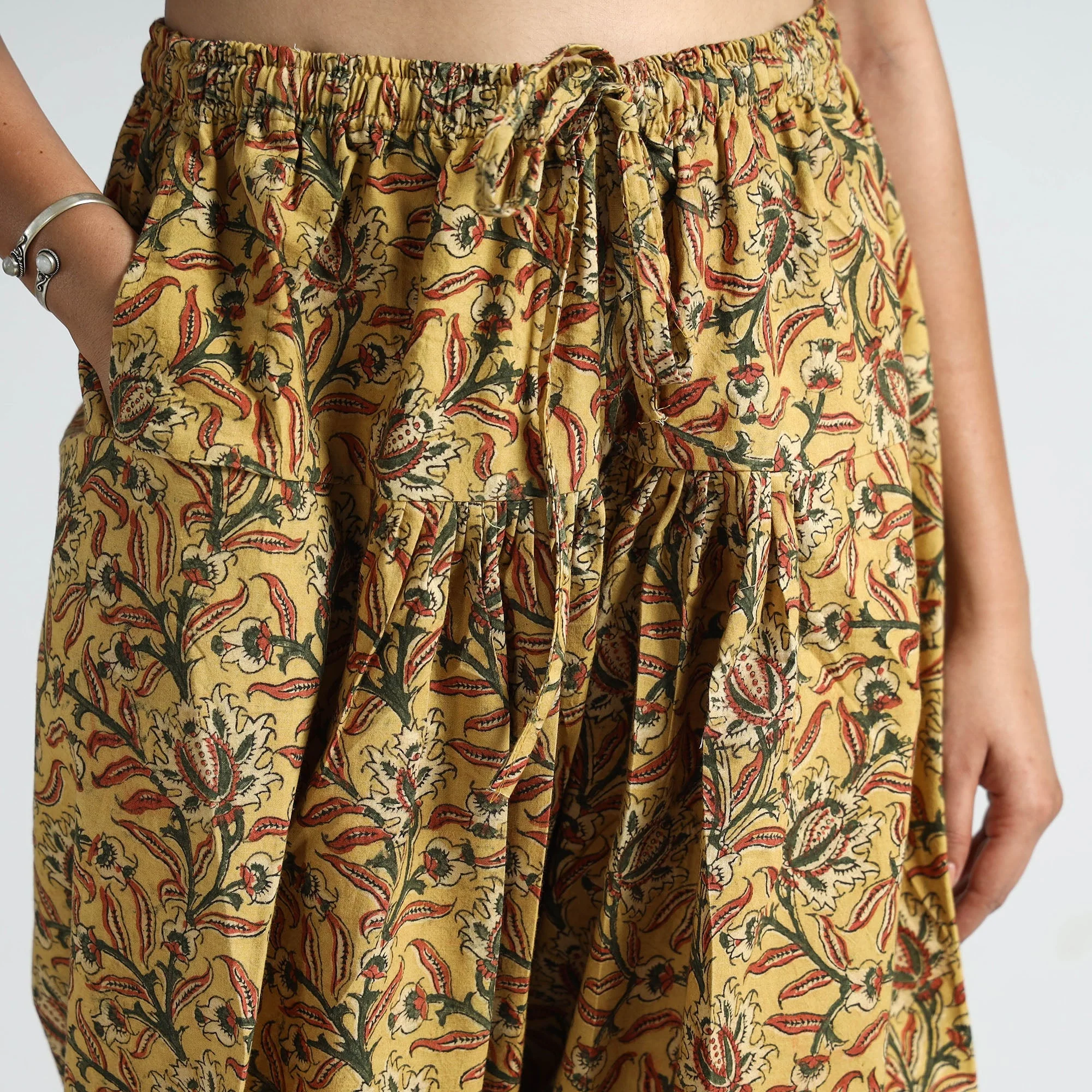 Yellow - Pedana Kalamkari Block Printed Cotton Elasticated Salwar 24 - Image 4