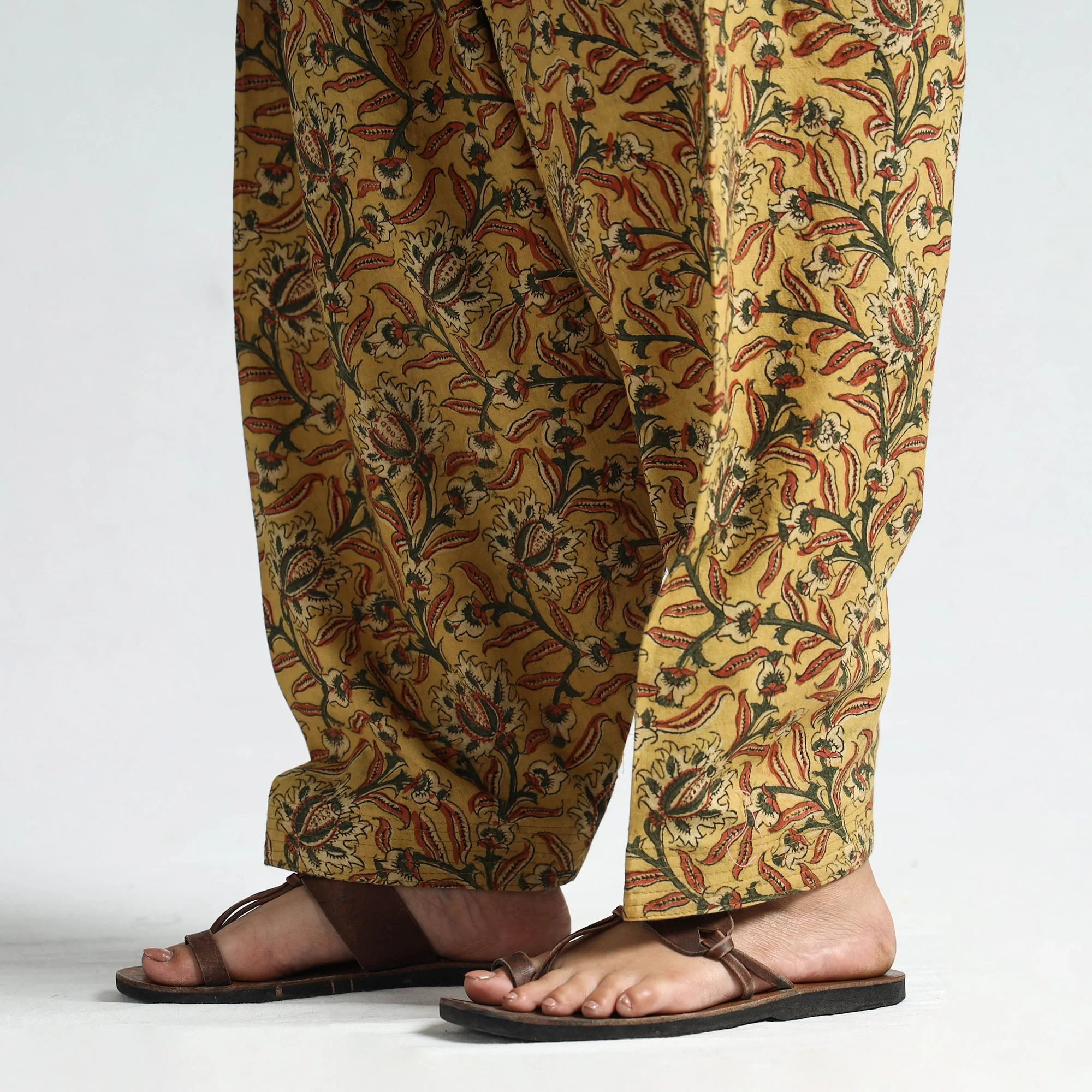 Yellow - Pedana Kalamkari Block Printed Cotton Elasticated Salwar 24 - Image 5
