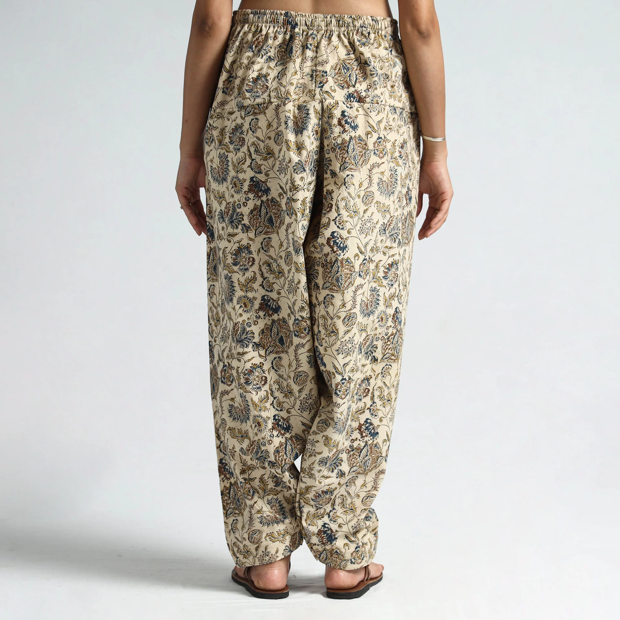 Beige - Pedana Kalamkari Block Printed Cotton Elasticated Salwar 27 - Image 3