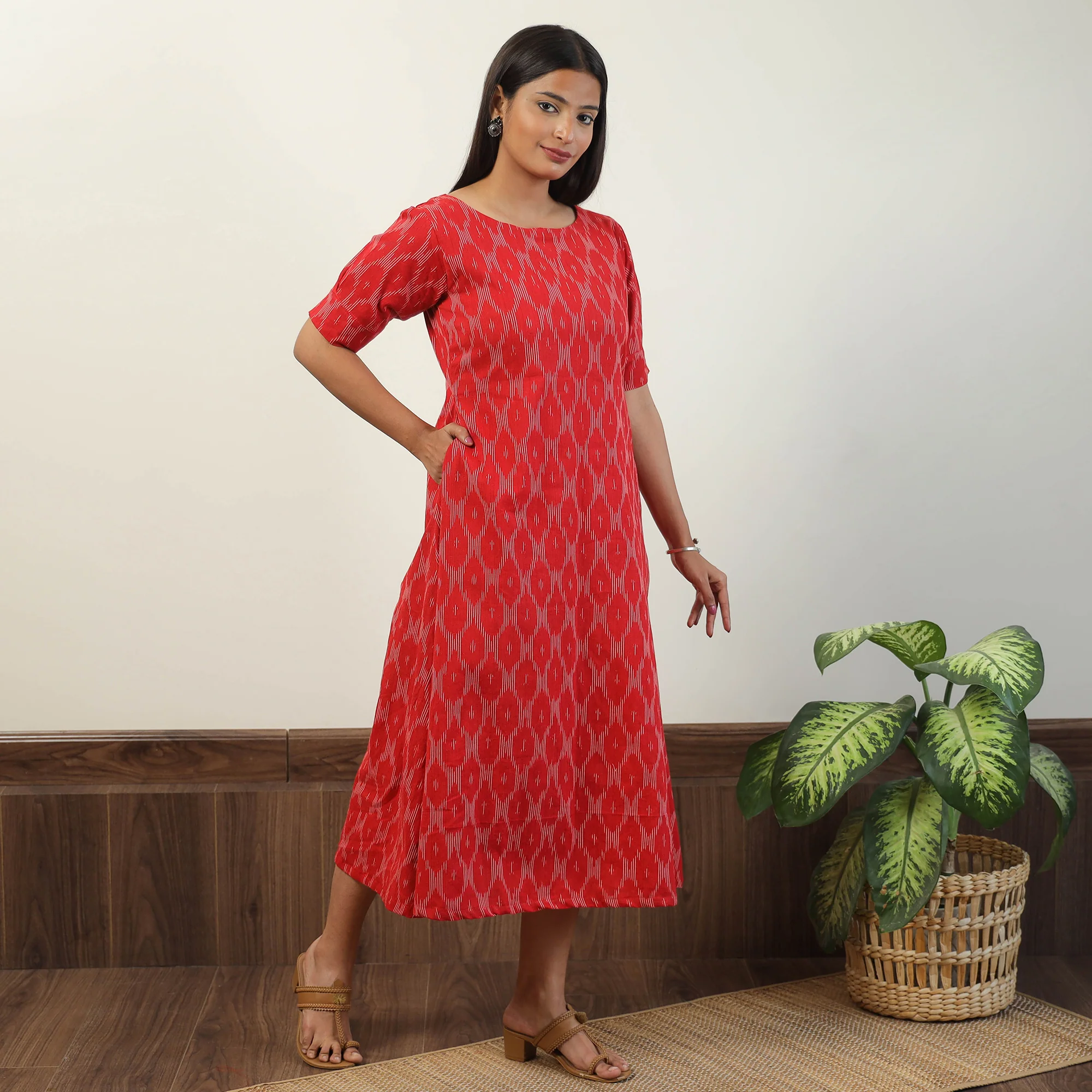 Red - Pochampally Ikat Weave Cotton Dress 03 - Image 2