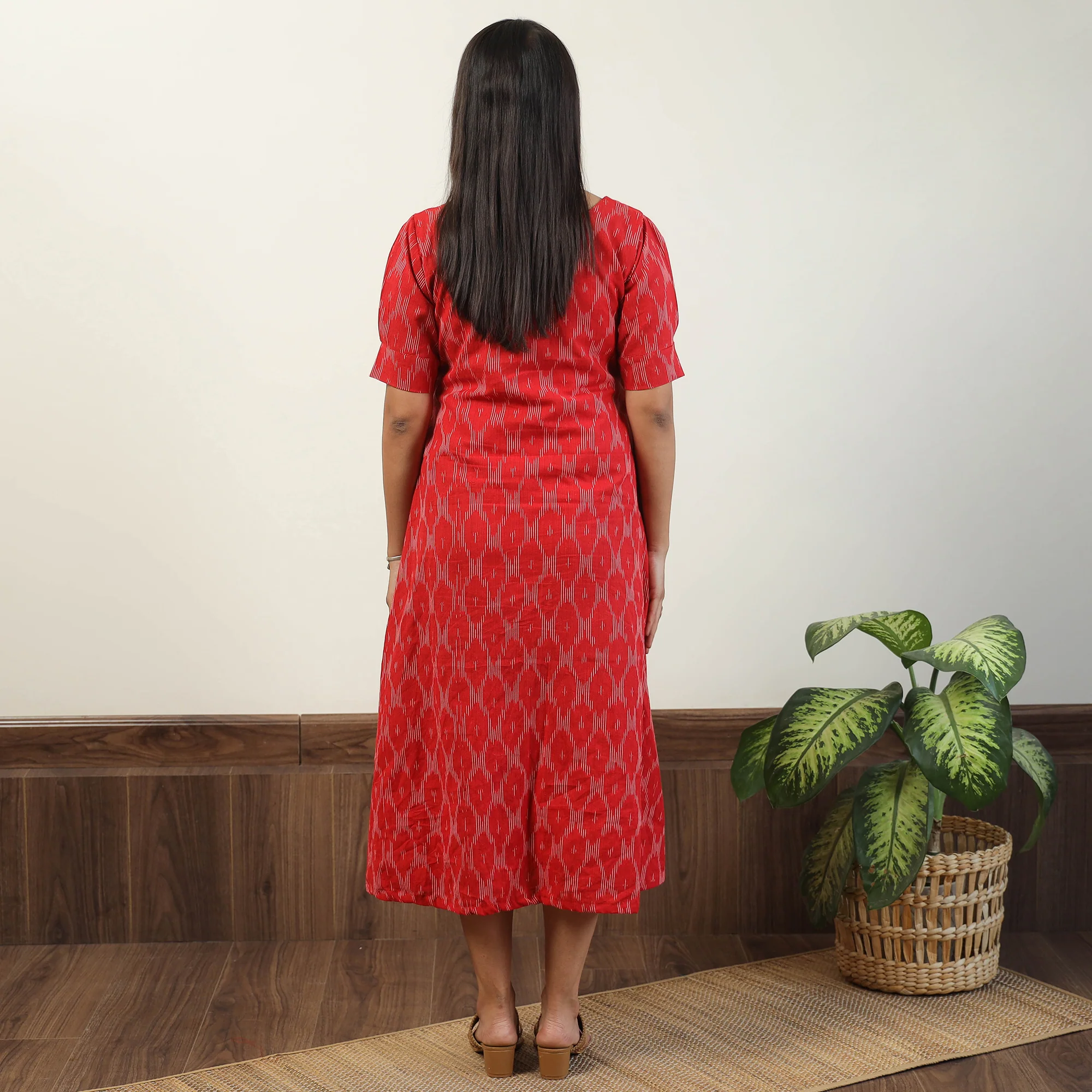 Red - Pochampally Ikat Weave Cotton Dress 03 - Image 7