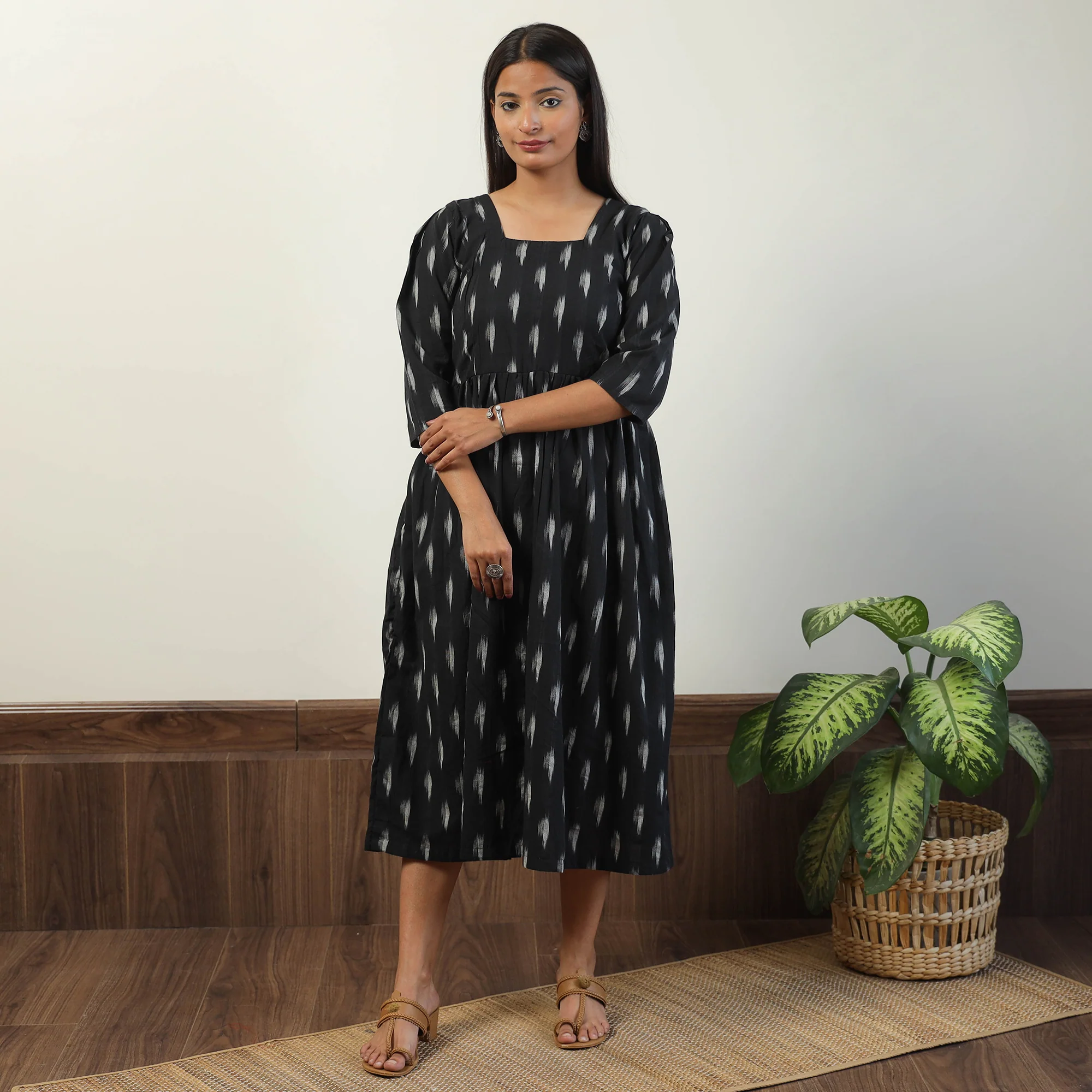 Black - Pochampally Ikat Weave Cotton Dress 08 - Image 2