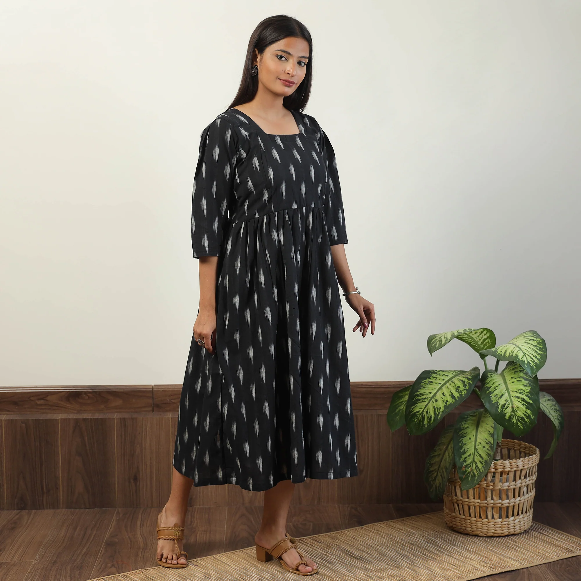 Black - Pochampally Ikat Weave Cotton Dress 08 - Image 3