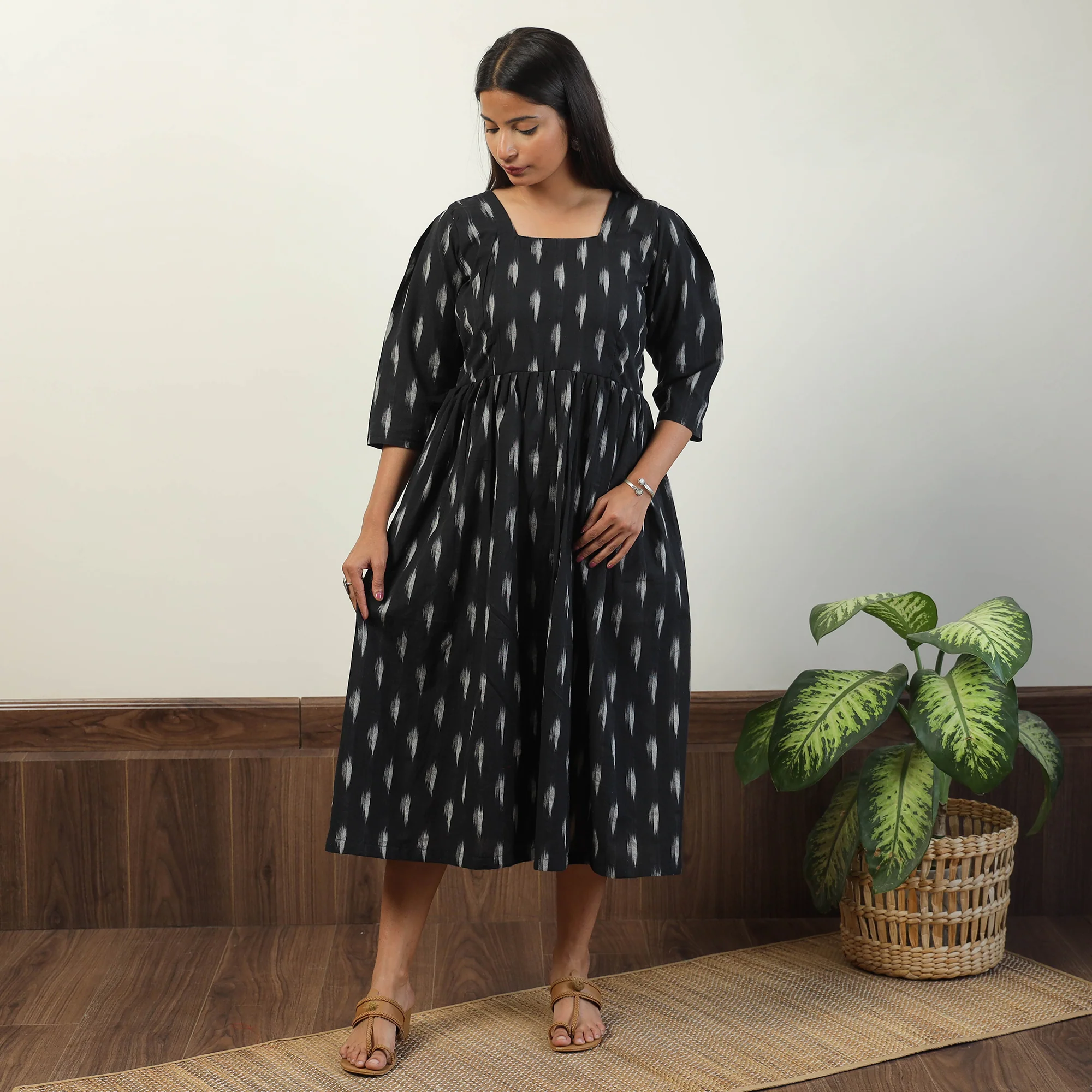 Black - Pochampally Ikat Weave Cotton Dress 08 - Image 7