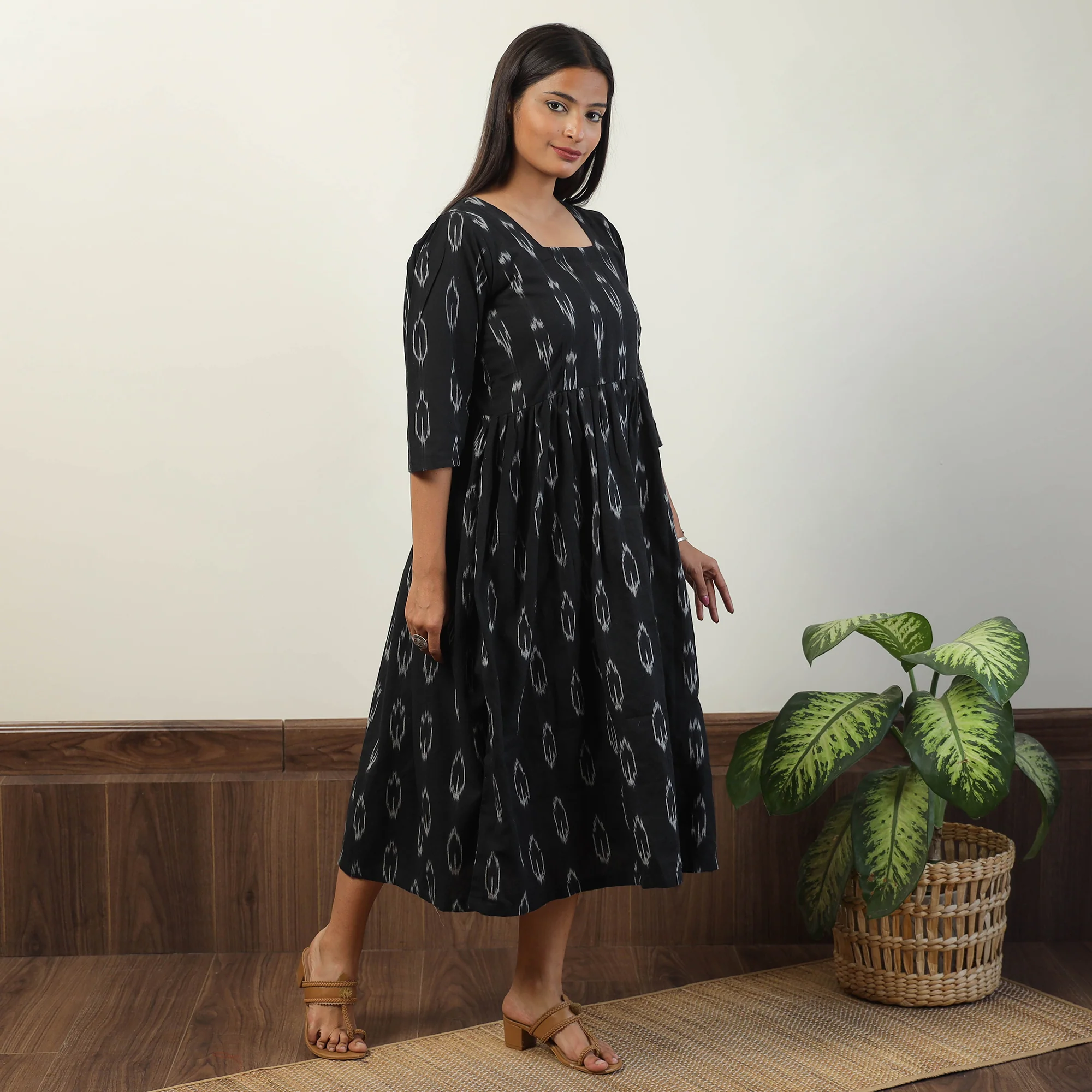 Black - Pochampally Ikat Weave Cotton Dress 09 - Image 2