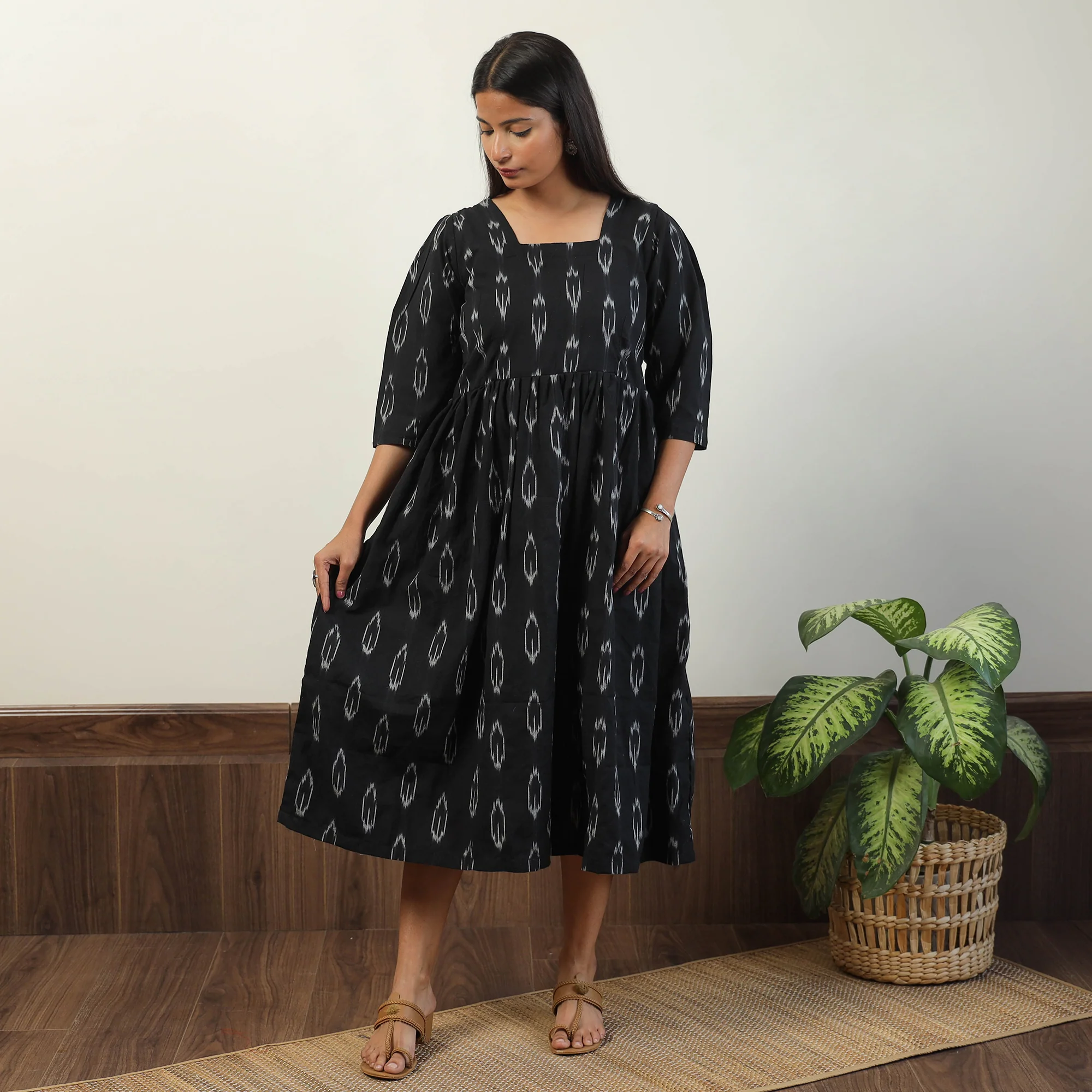 Black - Pochampally Ikat Weave Cotton Dress 09 - Image 3