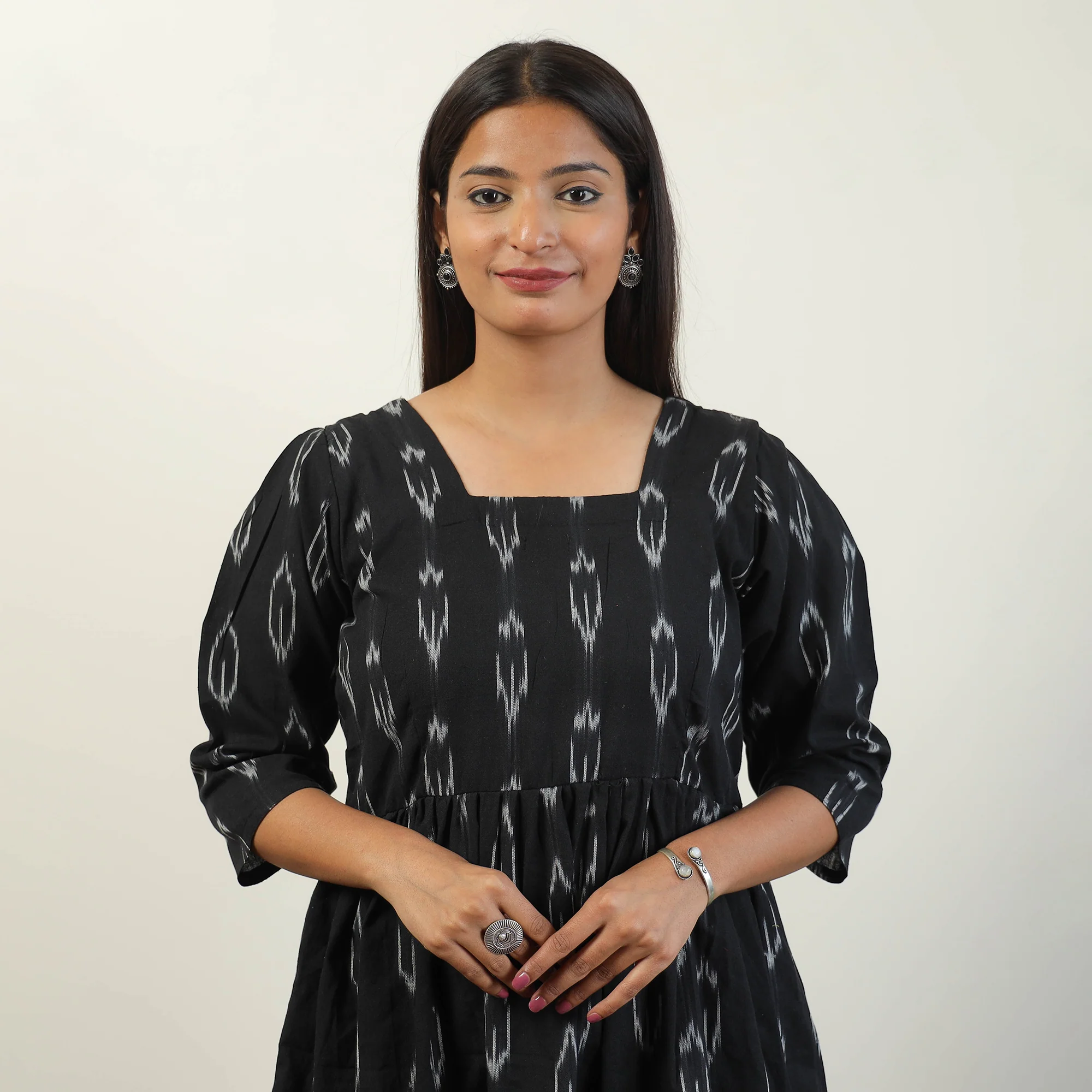 Black - Pochampally Ikat Weave Cotton Dress 09 - Image 4