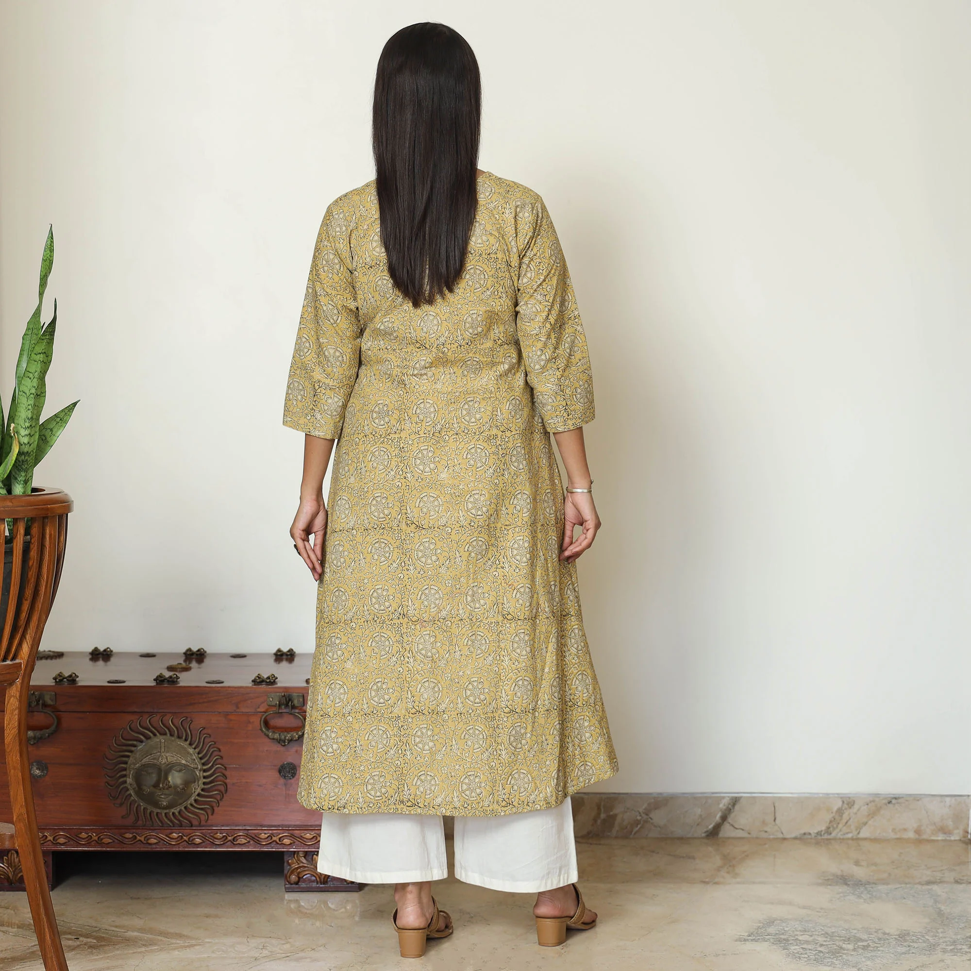 Yellow - Pedana Kalamkari Hand Block Printed Cotton A-Line Kurta 11 - Image 4