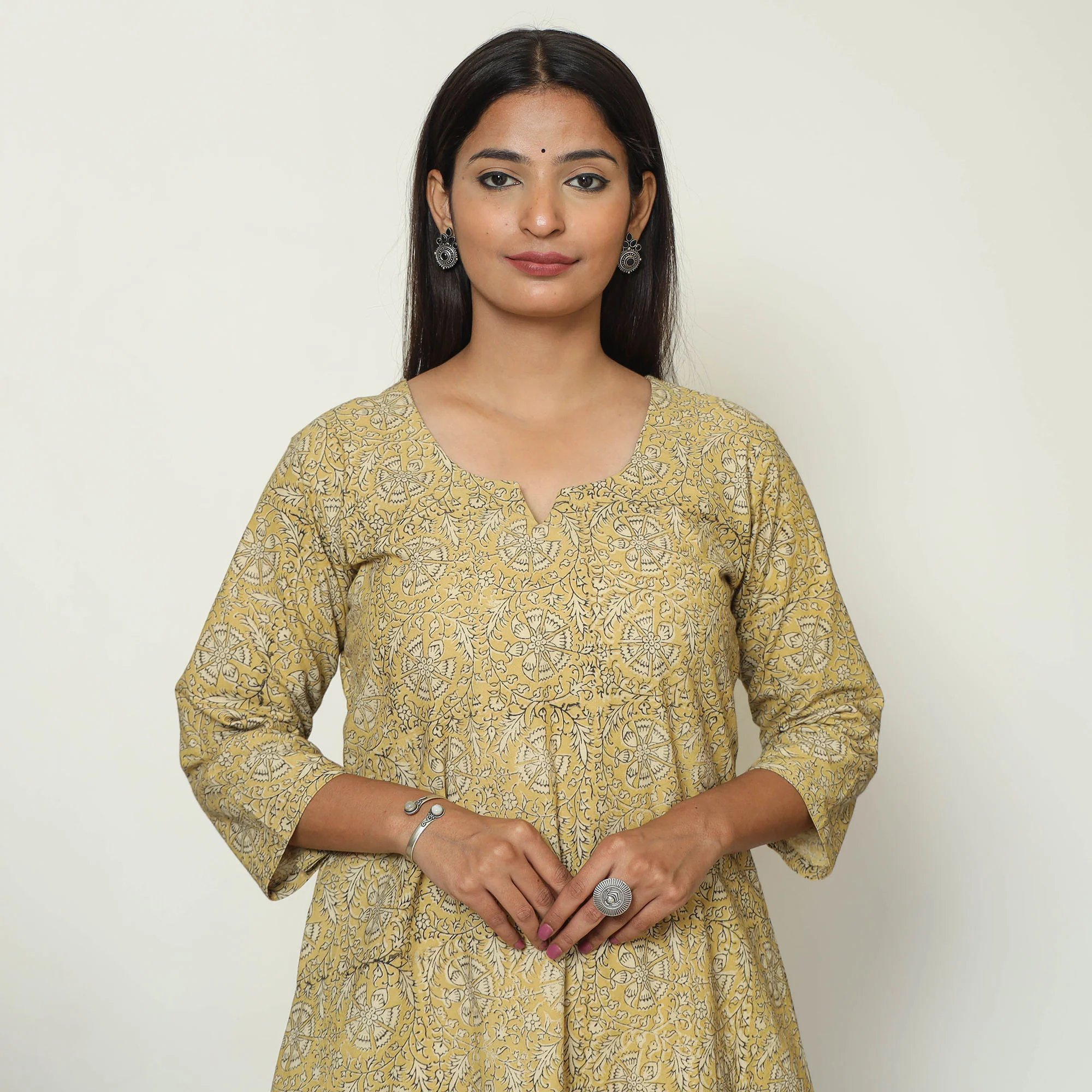 Yellow - Pedana Kalamkari Hand Block Printed Cotton A-Line Kurta 11 - Image 5
