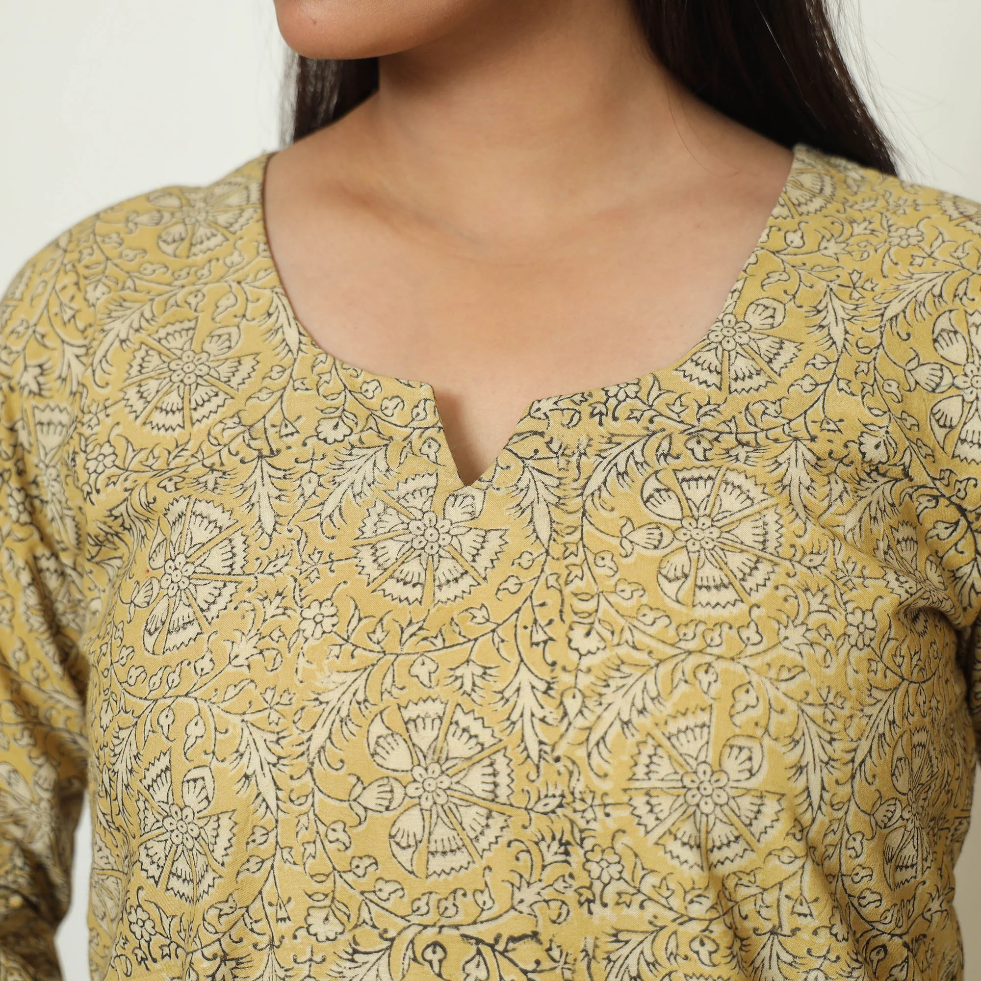 Yellow - Pedana Kalamkari Hand Block Printed Cotton A-Line Kurta 11 - Image 7