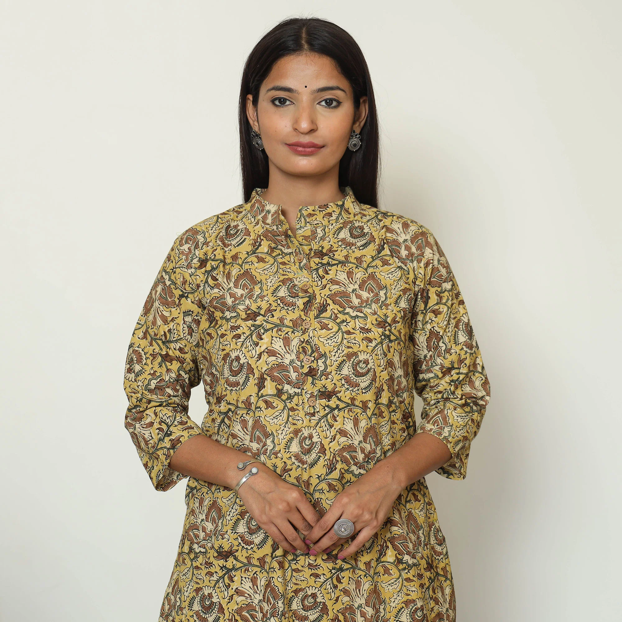 Yellow - Pedana Kalamkari Hand Block Printed Cotton Straight Kurta 02