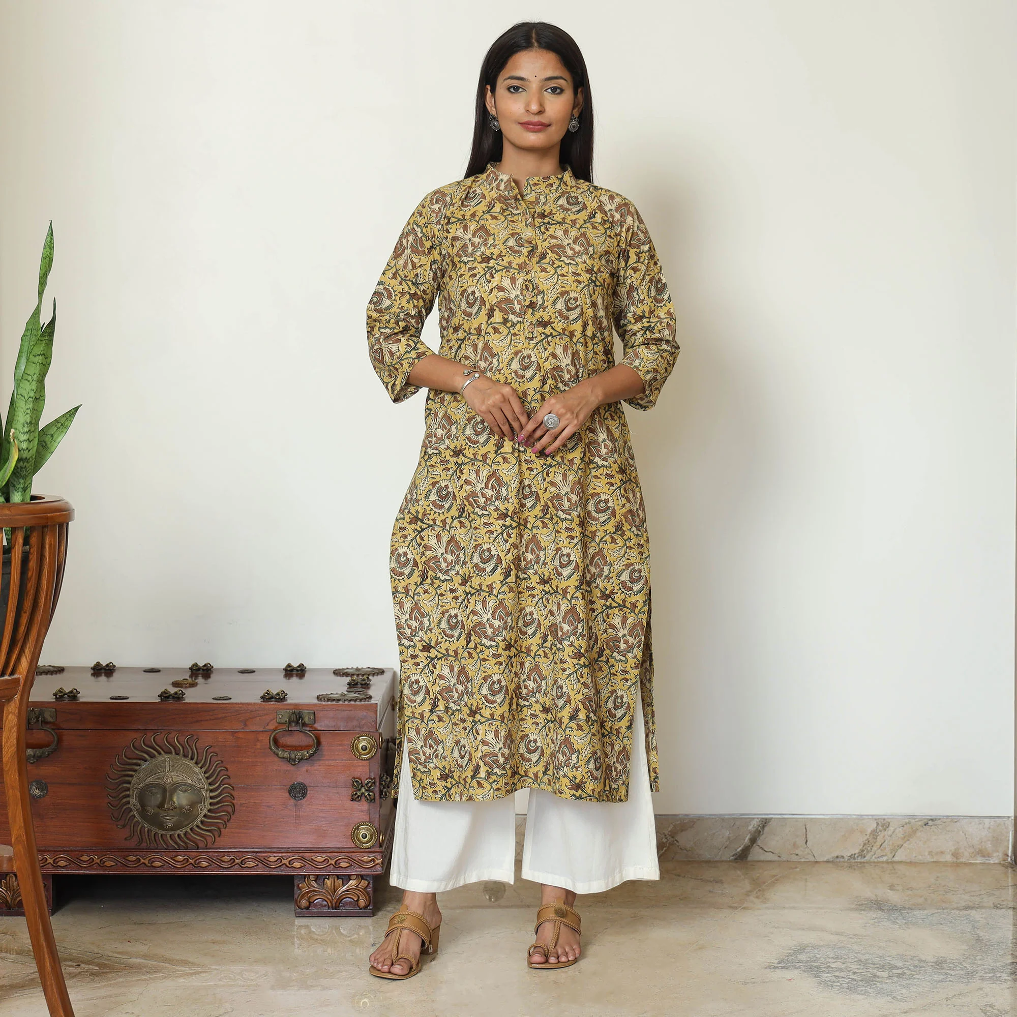 Yellow - Pedana Kalamkari Hand Block Printed Cotton Straight Kurta 02 - Image 2