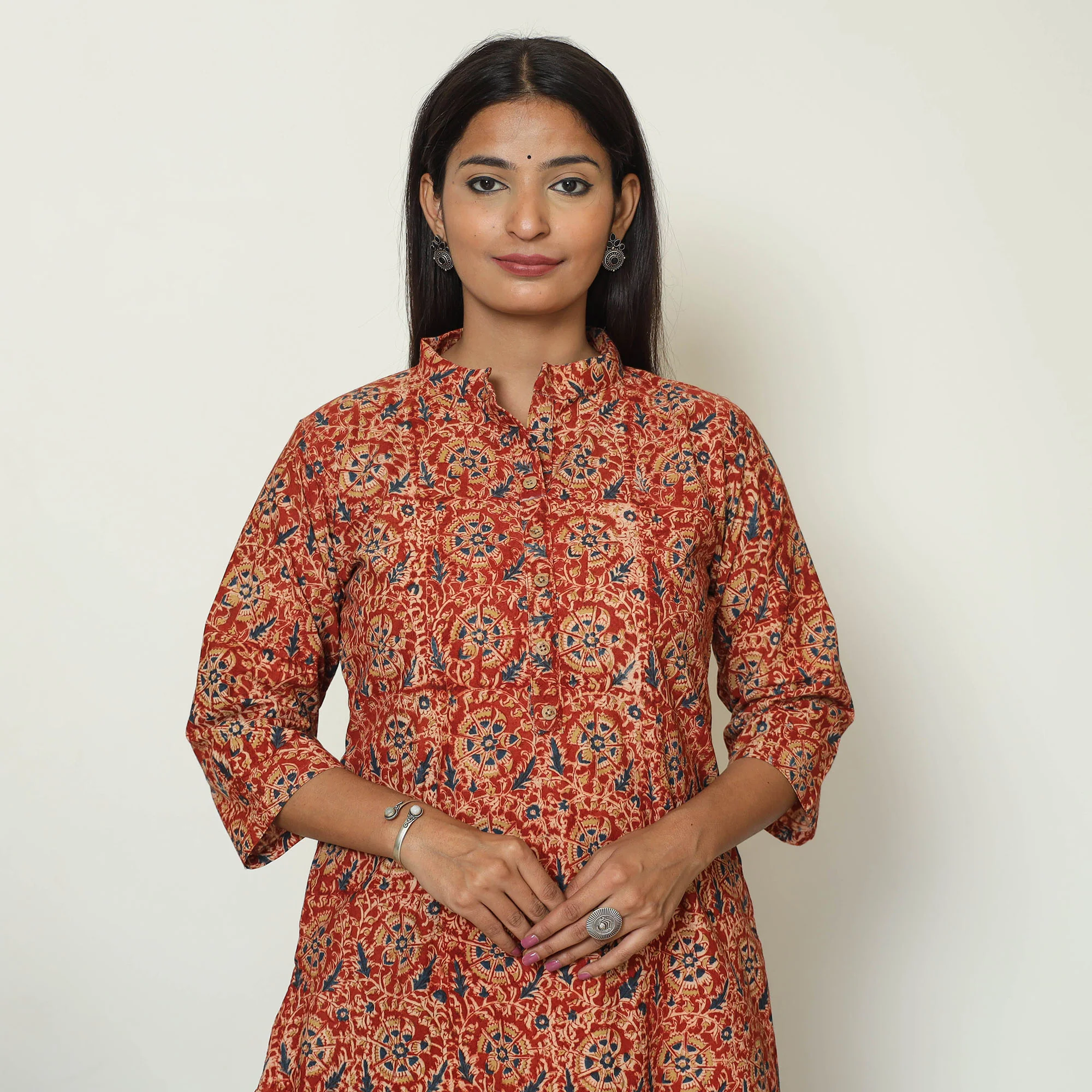 Red - Pedana Kalamkari Hand Block Printed Cotton Straight Kurta 03