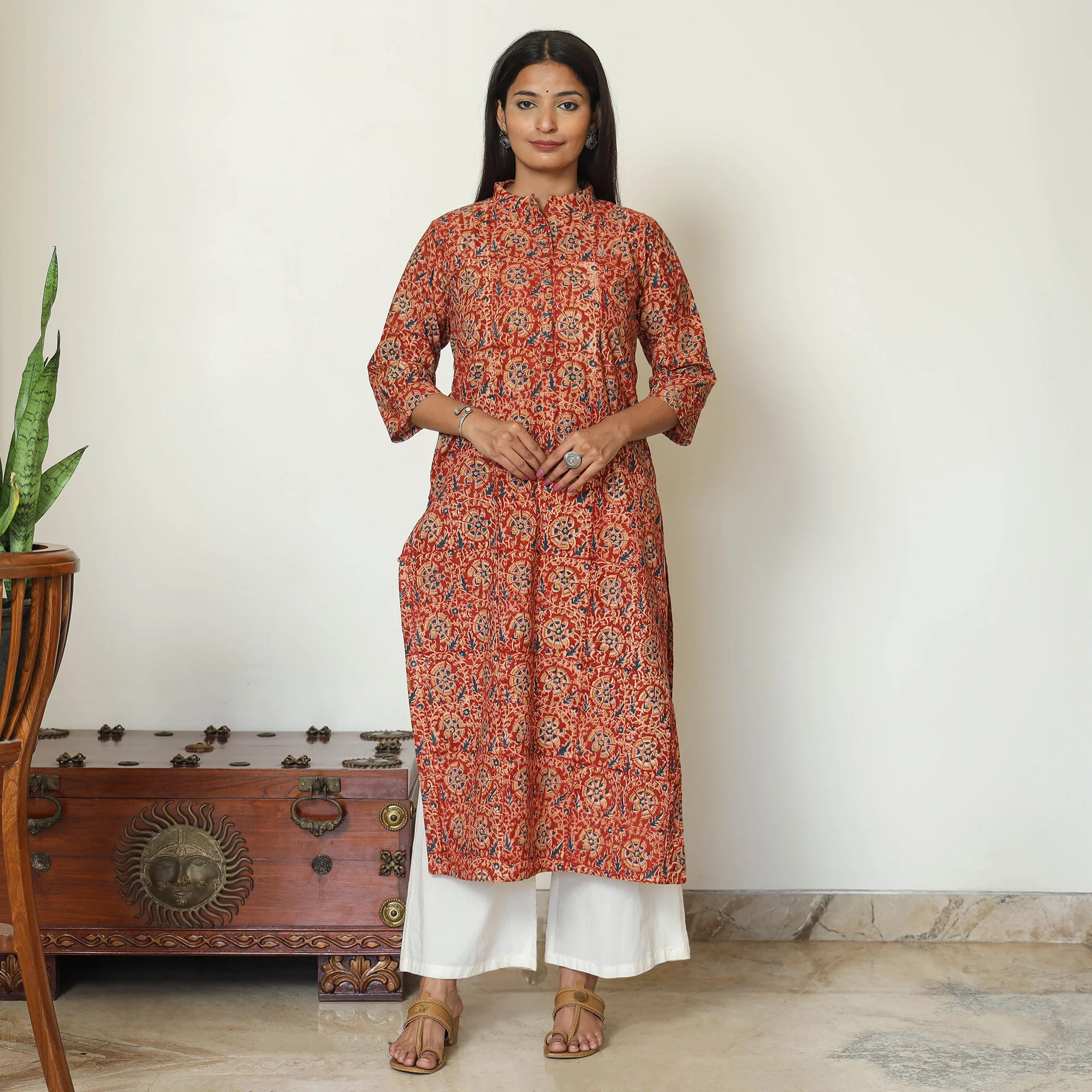 Red - Pedana Kalamkari Hand Block Printed Cotton Straight Kurta 03 - Image 2