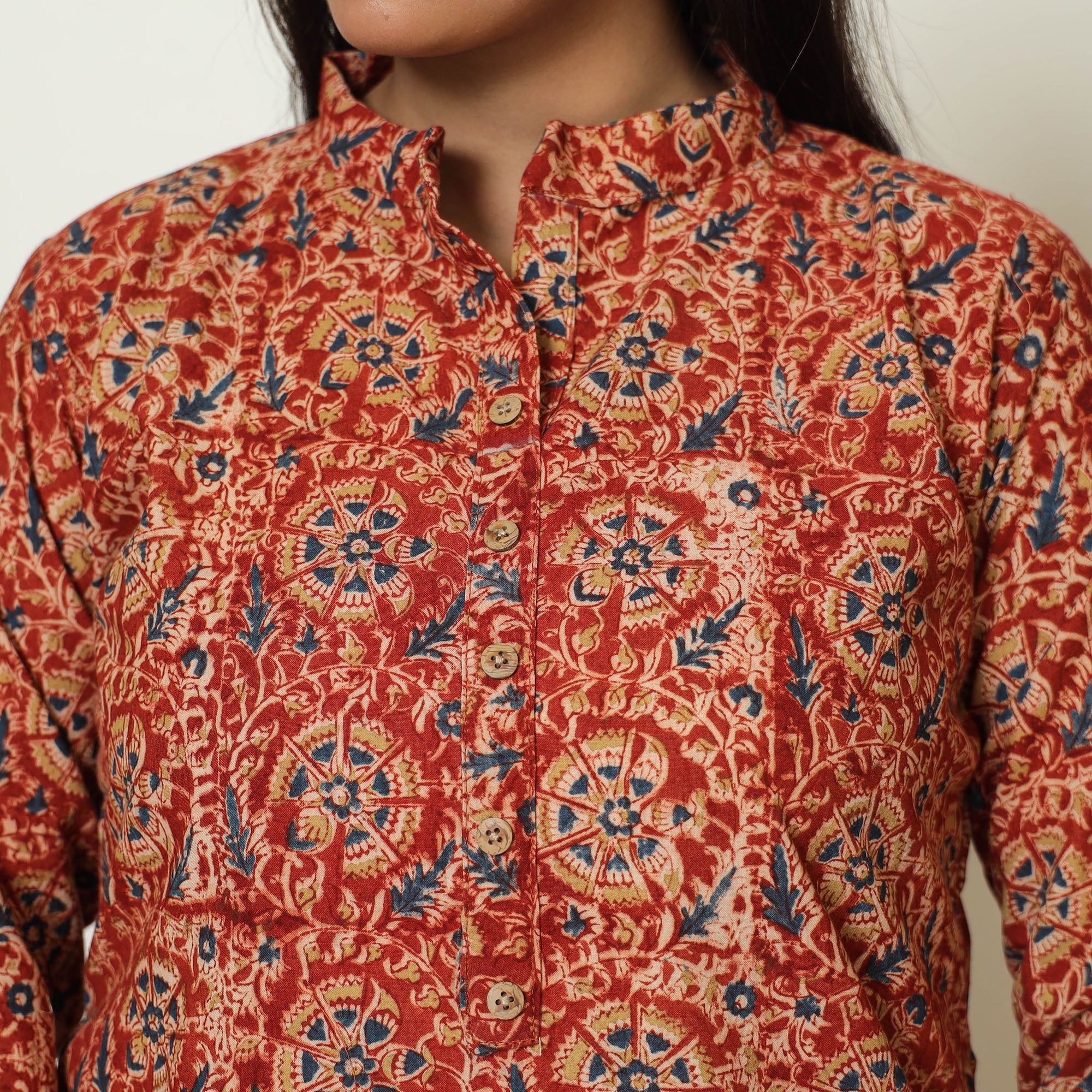 Red - Pedana Kalamkari Hand Block Printed Cotton Straight Kurta 03 - Image 6