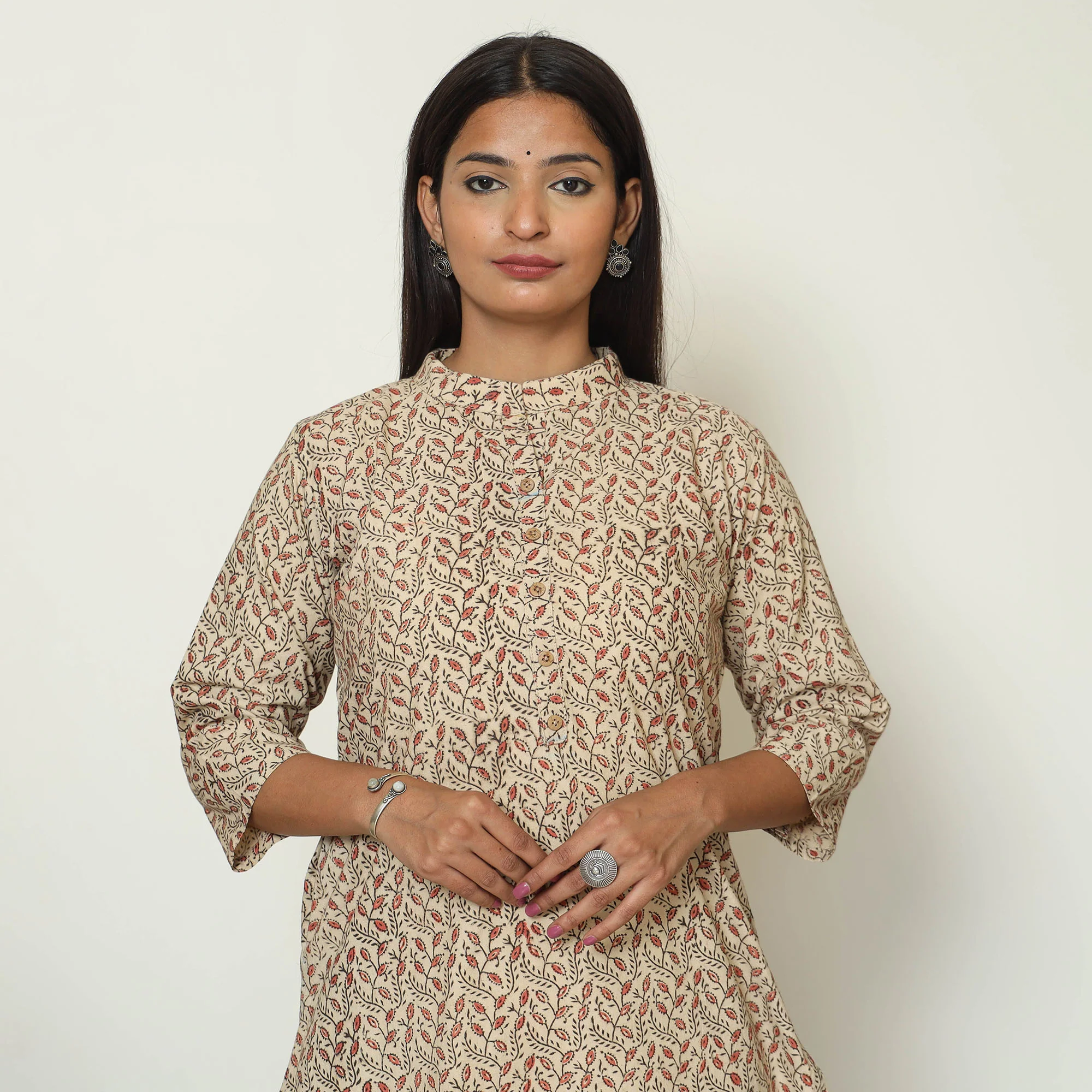 Beige - Pedana Kalamkari Hand Block Printed Cotton Straight Kurta 05