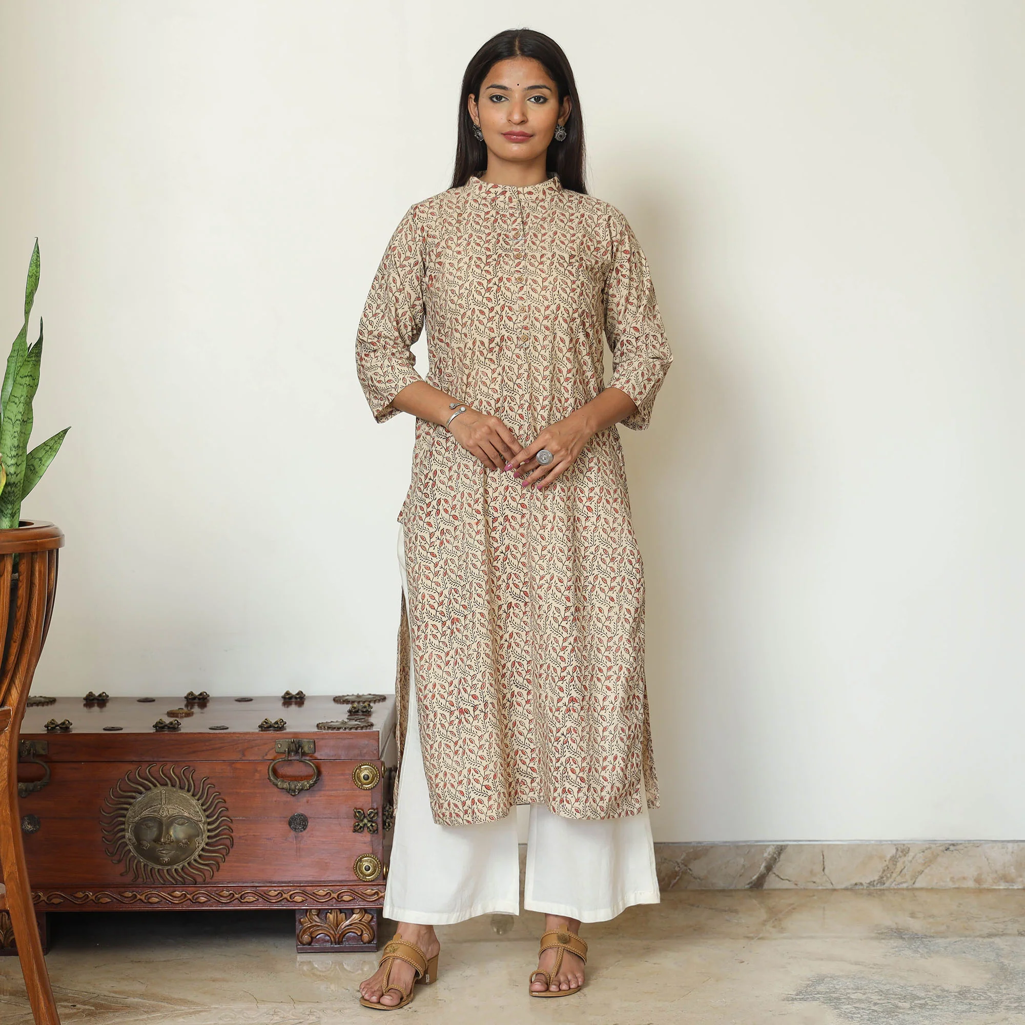 Beige - Pedana Kalamkari Hand Block Printed Cotton Straight Kurta 05 - Image 2