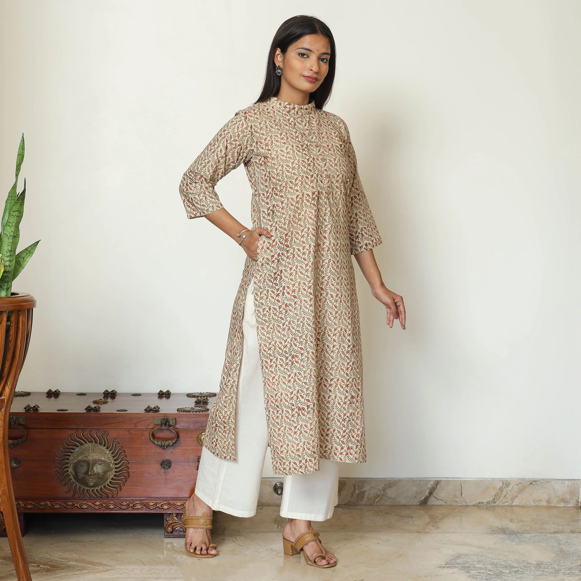Beige - Pedana Kalamkari Hand Block Printed Cotton Straight Kurta 05 - Image 3