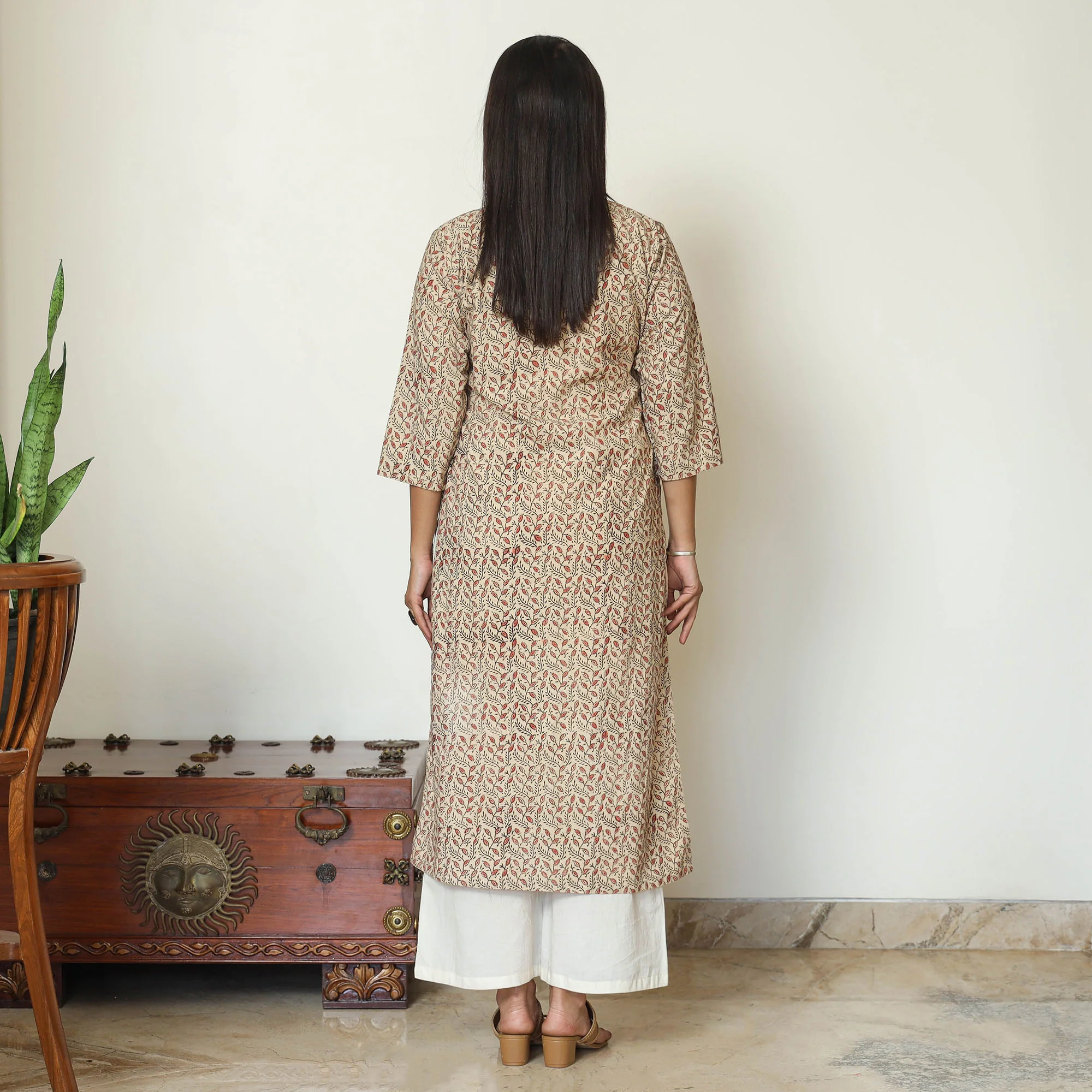 Beige - Pedana Kalamkari Hand Block Printed Cotton Straight Kurta 05 - Image 4