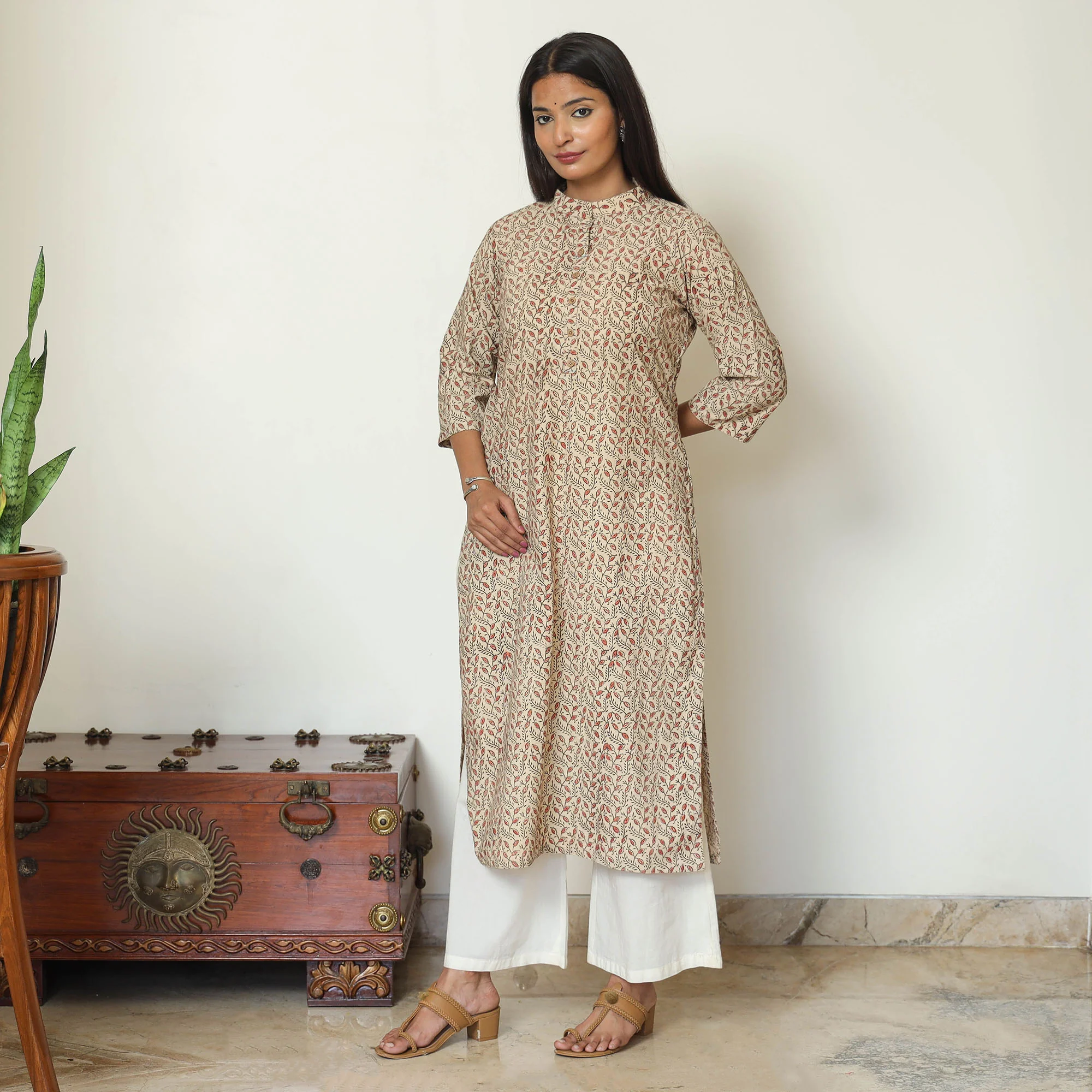 Beige - Pedana Kalamkari Hand Block Printed Cotton Straight Kurta 05 - Image 7