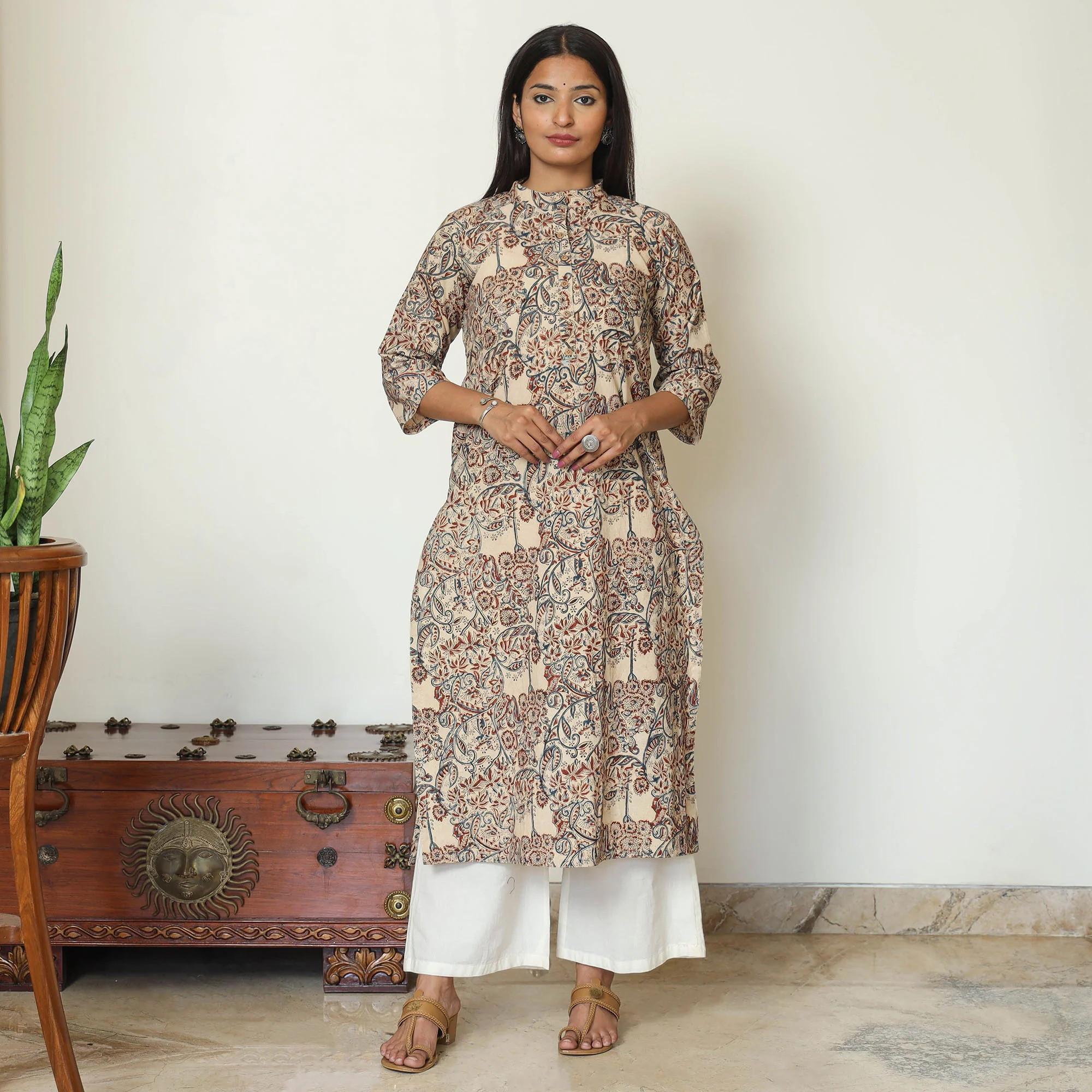 Beige - Pedana Kalamkari Hand Block Printed Cotton Straight Kurta 06