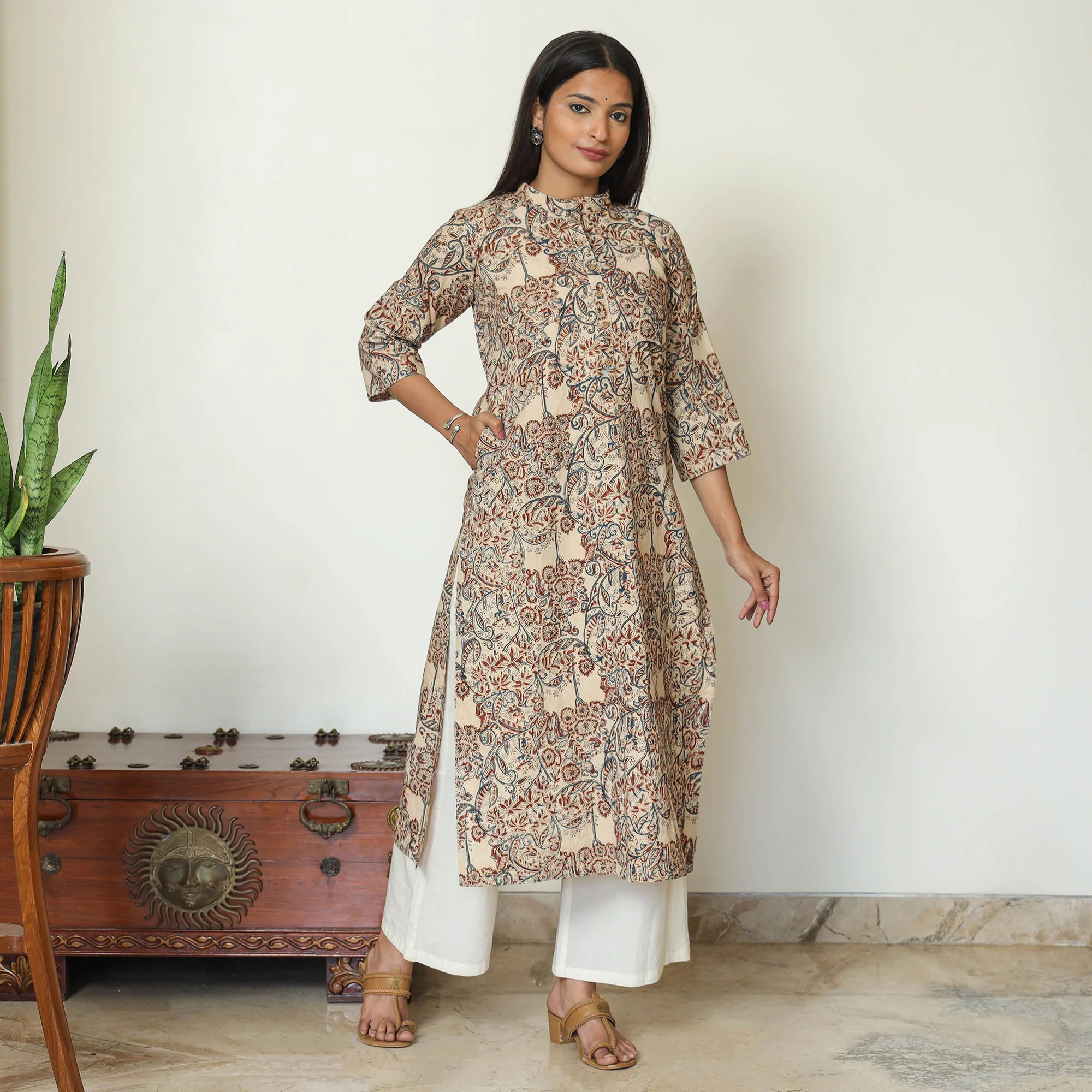 Beige - Pedana Kalamkari Hand Block Printed Cotton Straight Kurta 06 - Image 2