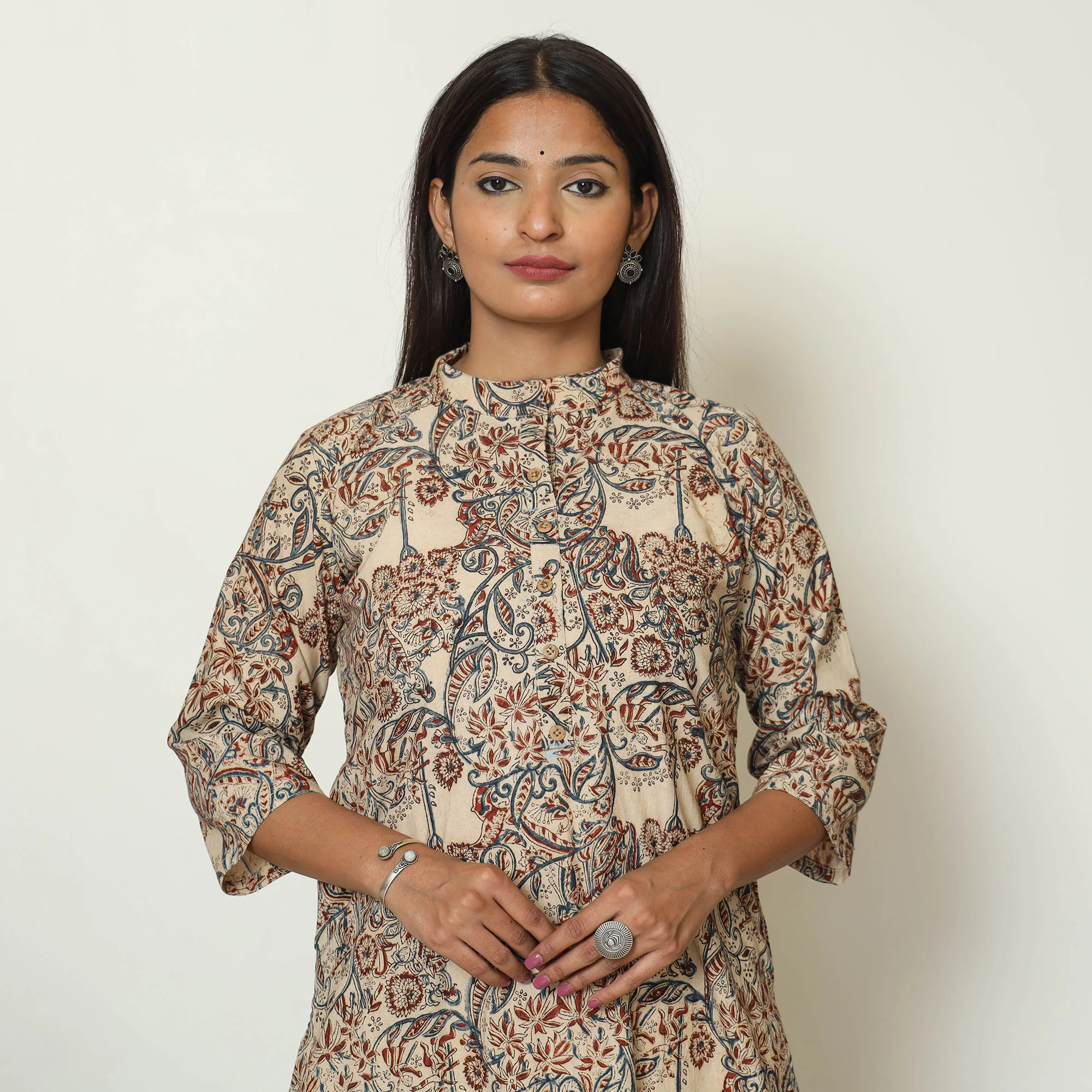 Beige - Pedana Kalamkari Hand Block Printed Cotton Straight Kurta 06 - Image 5
