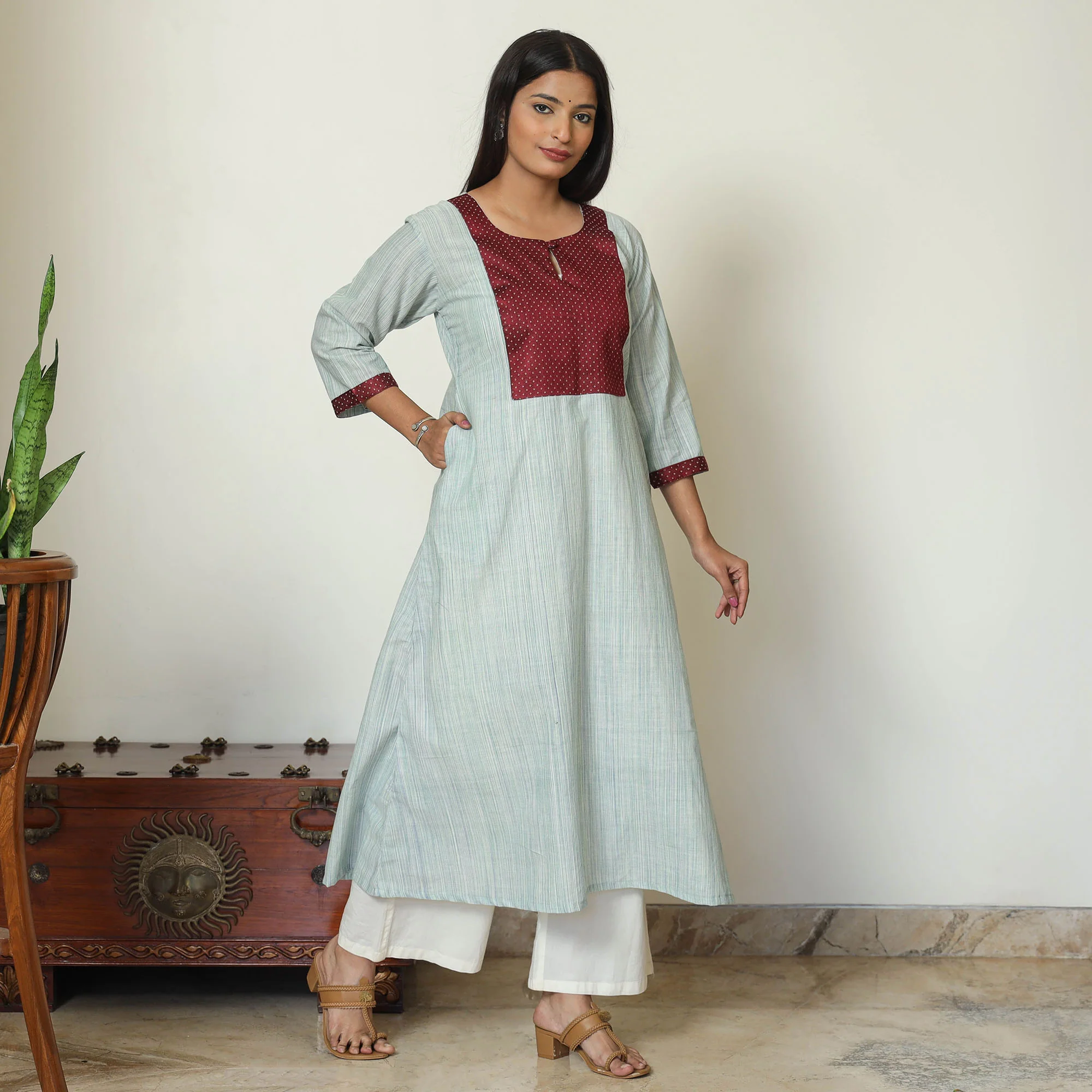 Mangalagiri Handloom Cotton A-Line Kurta with Mashru Patchwork 01 - Image 2