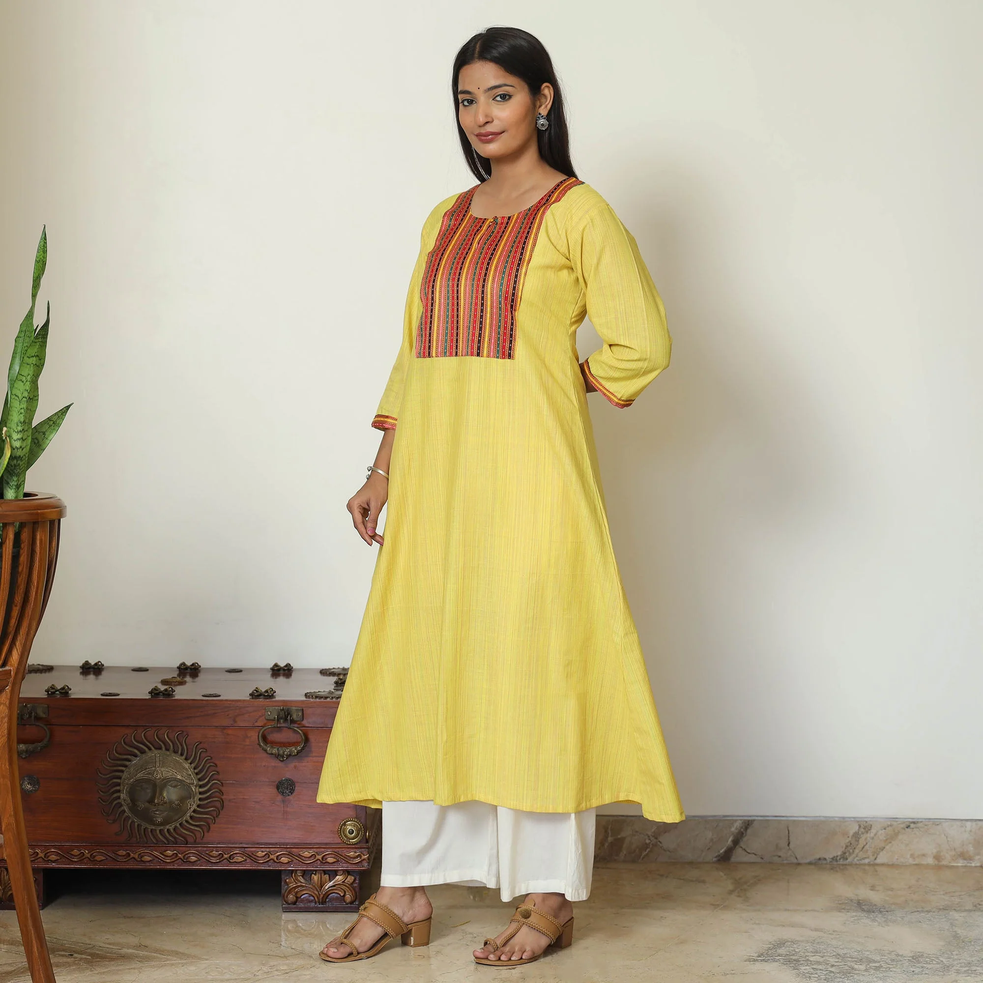 Yellow - Mangalagiri Handloom Cotton A-Line Kurta with Mashru Patchwork 03 - Image 2